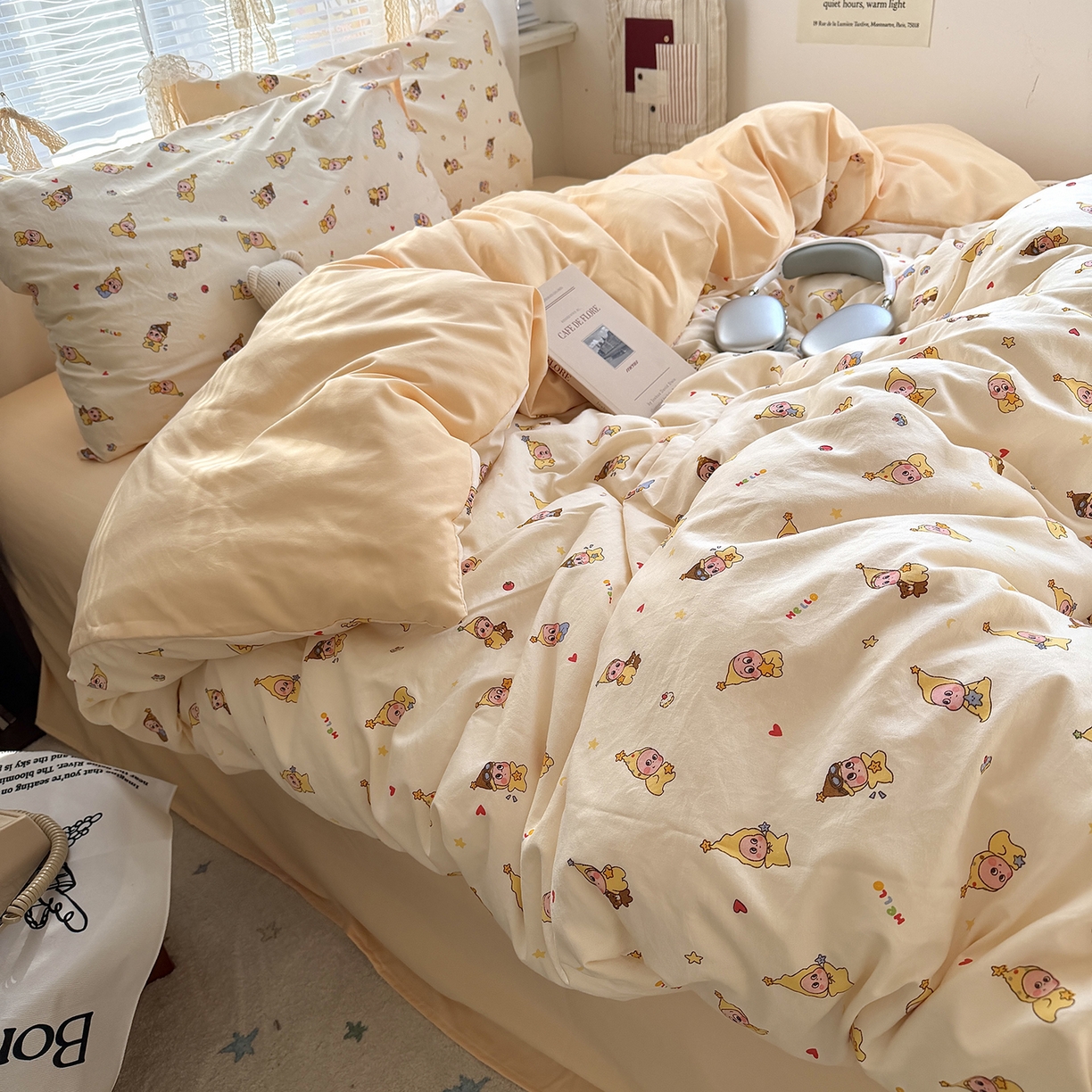 91家纺网 家纺一手货源 找家纺 原素 2026新款小清新水洗双层纱四件套 萌萌星宝