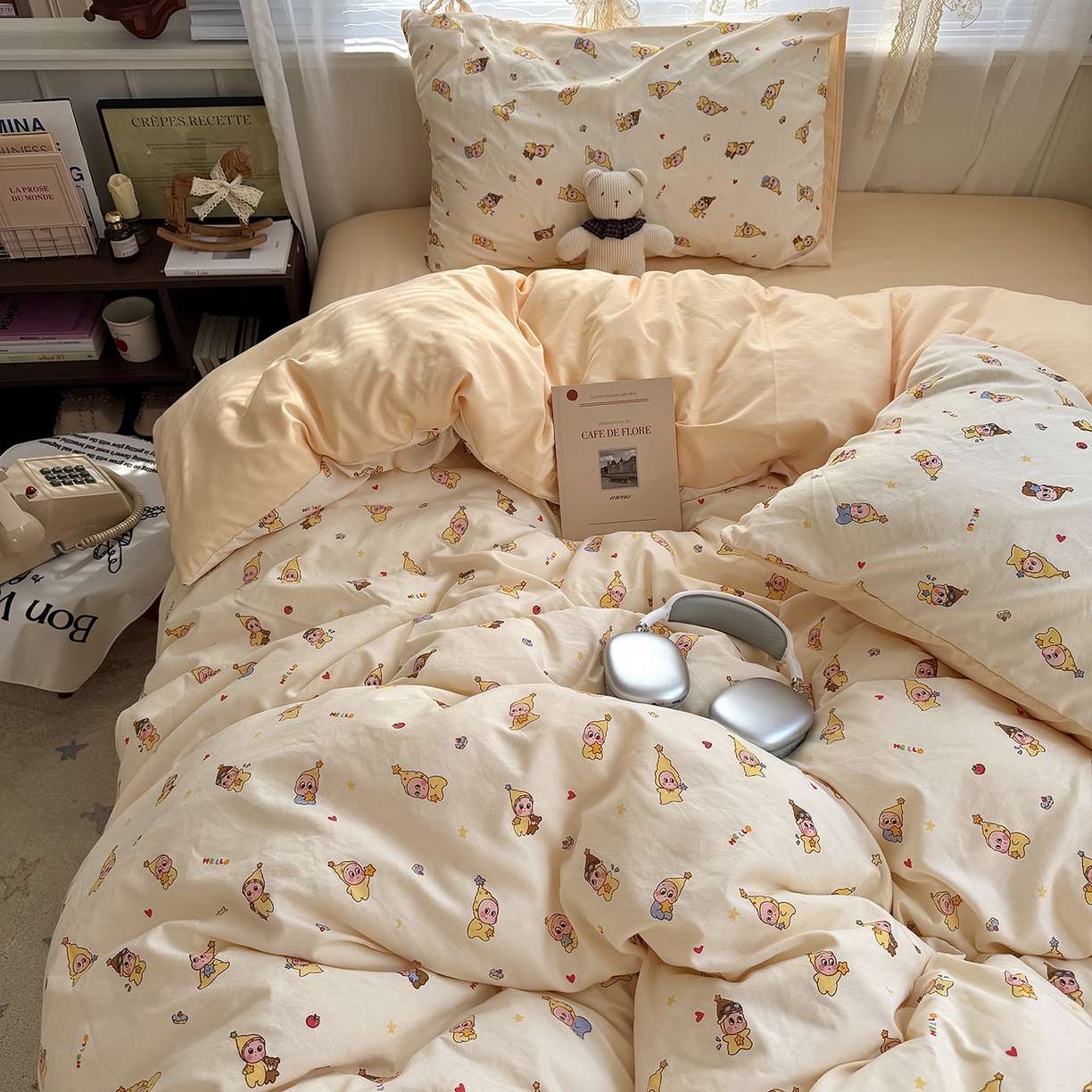 91家纺网 家纺一手货源 找家纺 原素 2026新款小清新水洗双层纱四件套 萌萌星宝