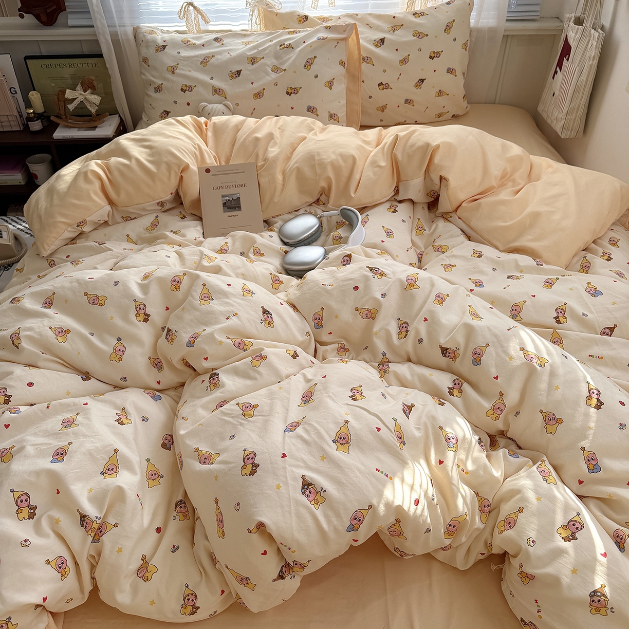 91家纺网 家纺一手货源 找家纺 原素 2026新款小清新水洗双层纱四件套 萌萌星宝