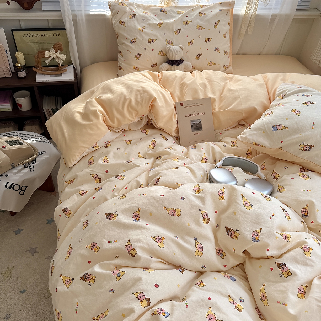 91家纺网 家纺一手货源 找家纺 原素 2026新款小清新水洗双层纱四件套 萌萌星宝