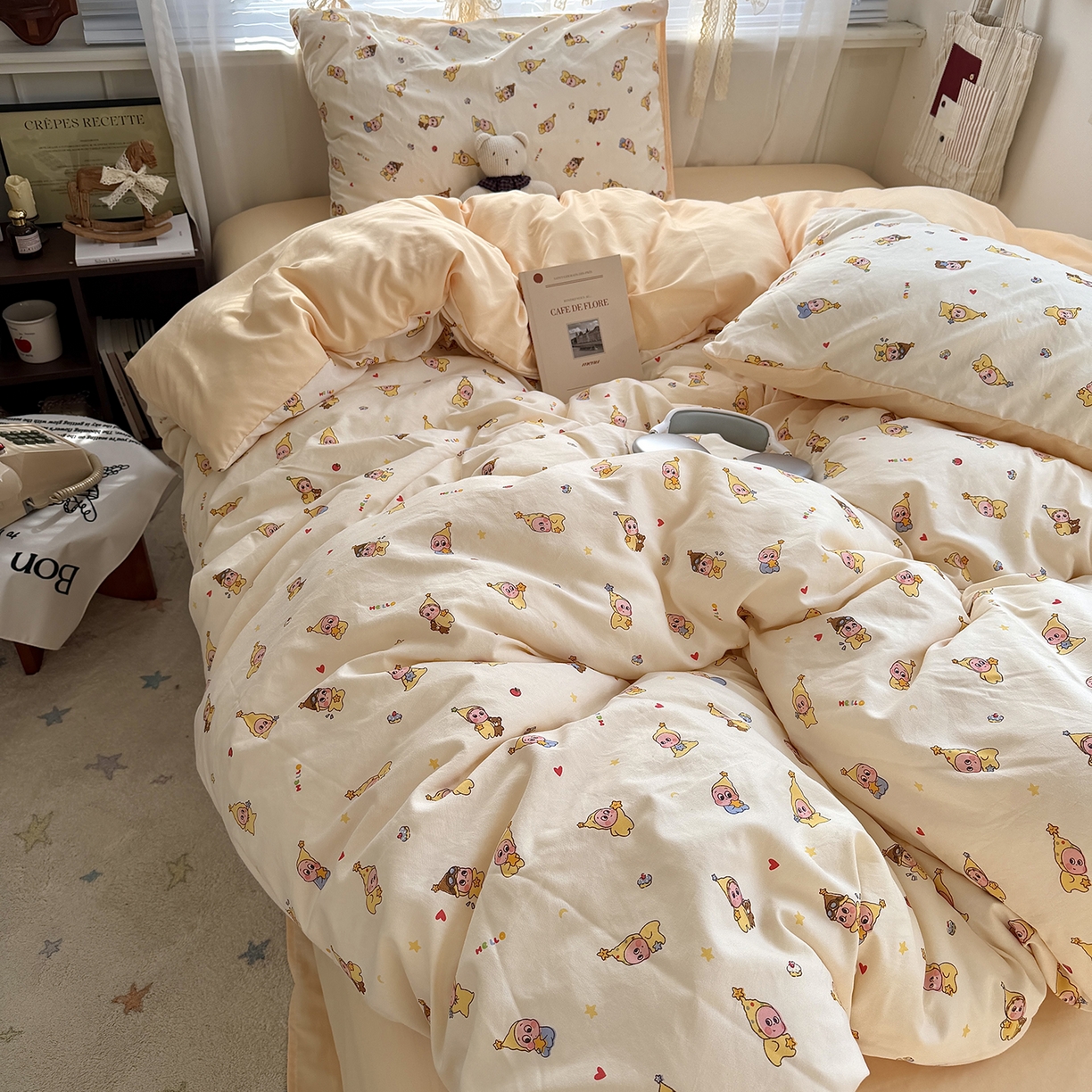 91家纺网 家纺一手货源 找家纺 原素 2026新款小清新水洗双层纱四件套 萌萌星宝