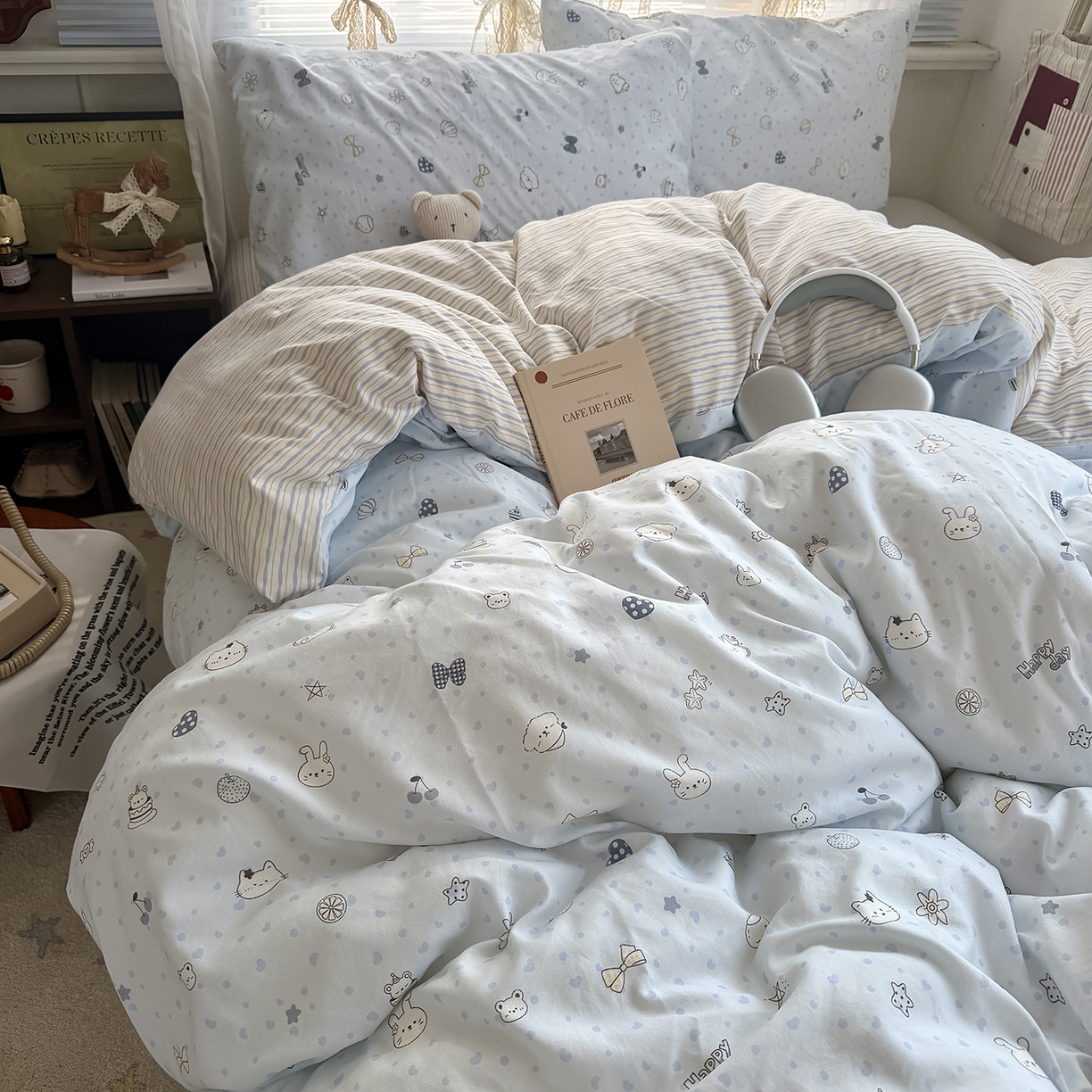 原素 2026新款小清新水洗双层纱四件套 爱心兔团