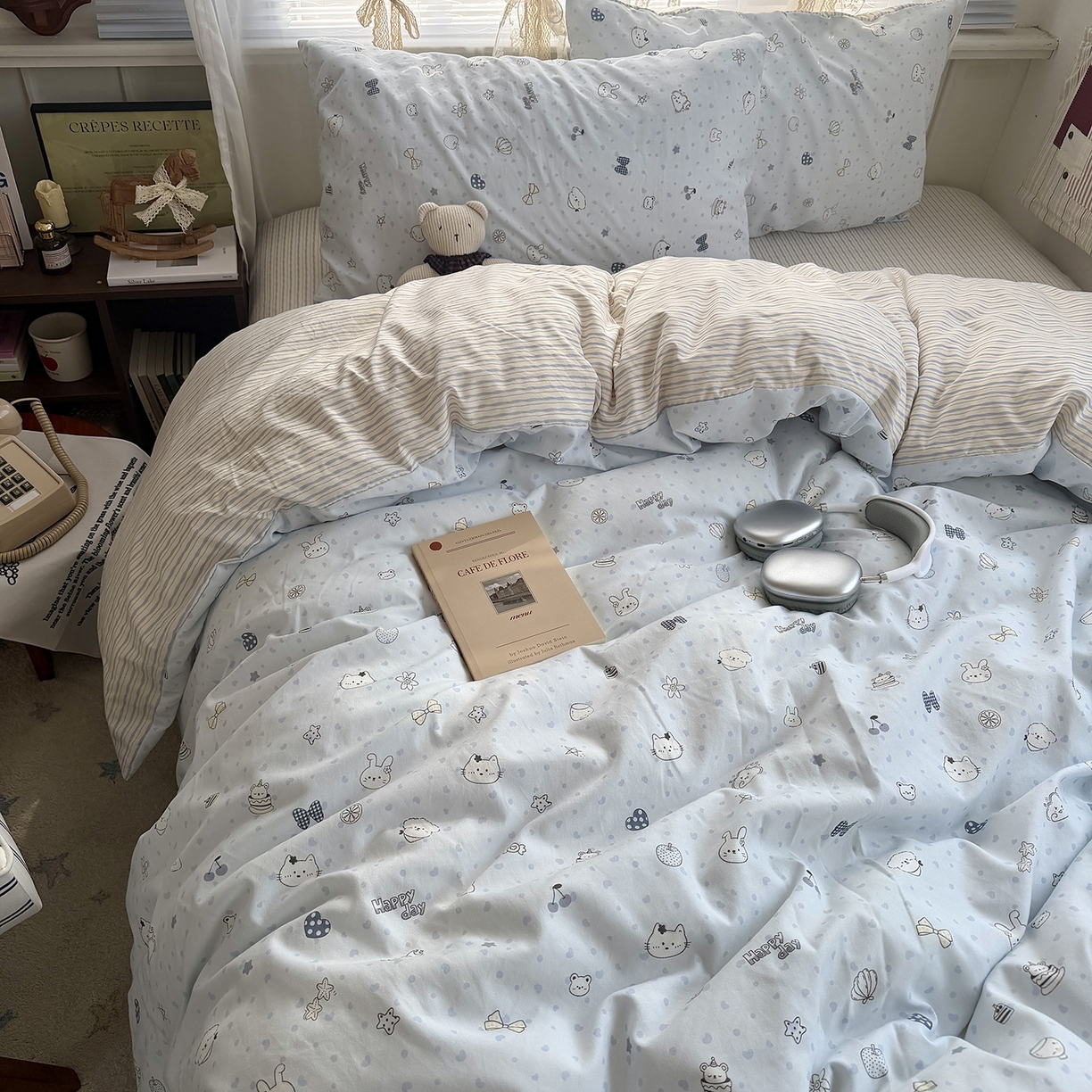 91家纺网 家纺一手货源 找家纺 原素 2026新款小清新水洗双层纱四件套 爱心兔团