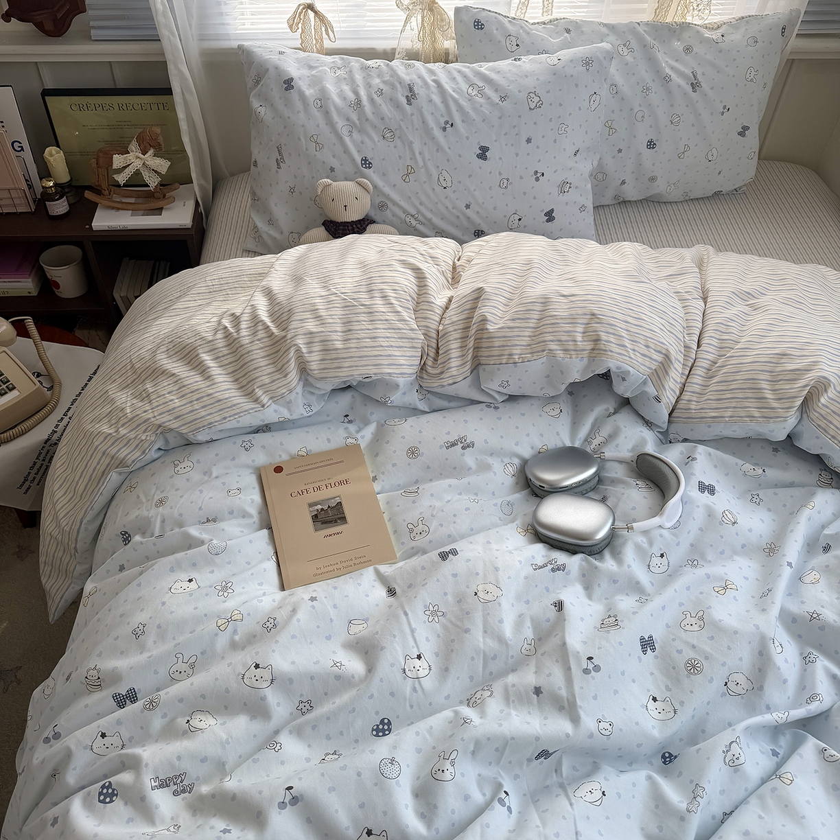 91家纺网 家纺一手货源 找家纺 原素 2026新款小清新水洗双层纱四件套 爱心兔团