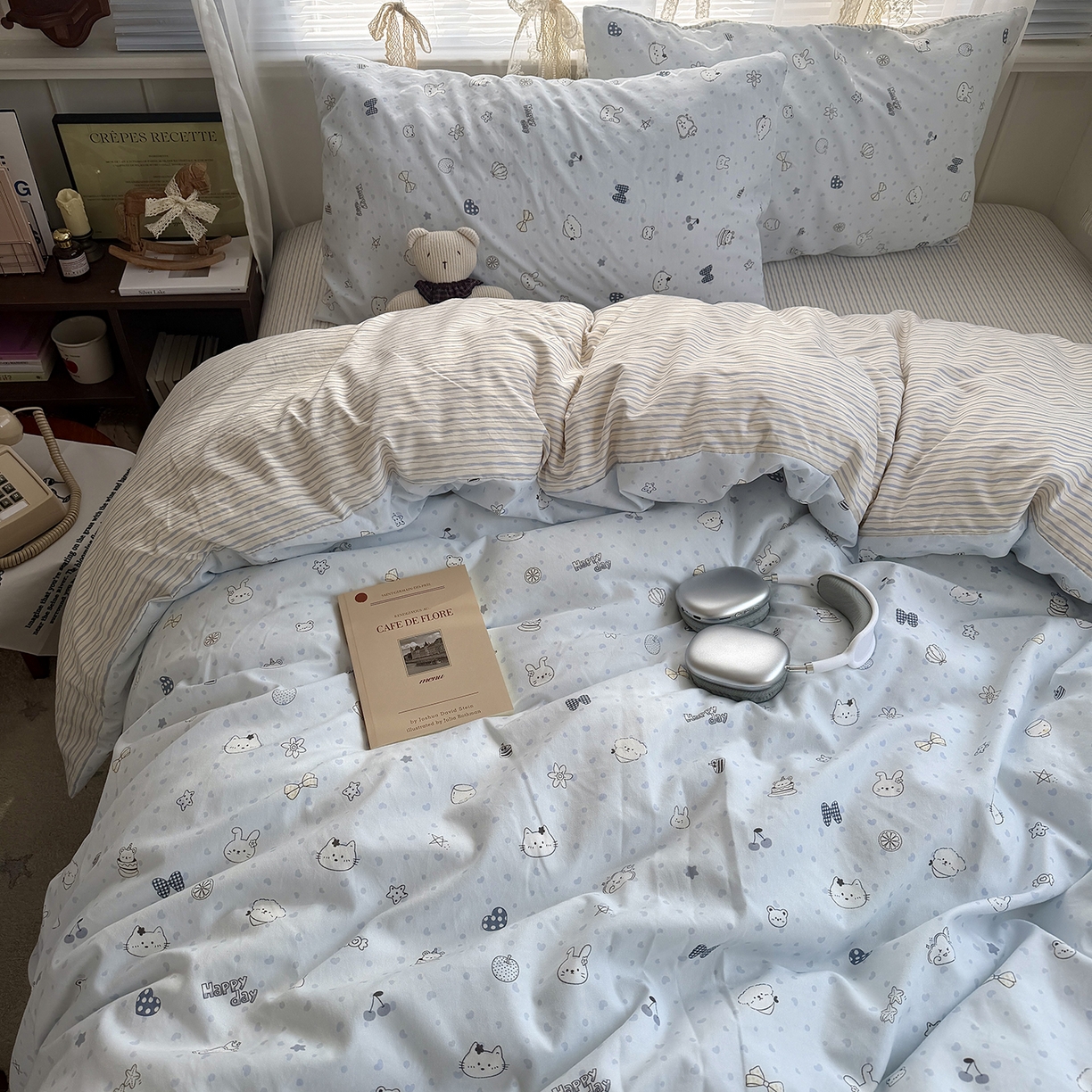 91家纺网 家纺一手货源 找家纺 原素 2026新款小清新水洗双层纱四件套 爱心兔团