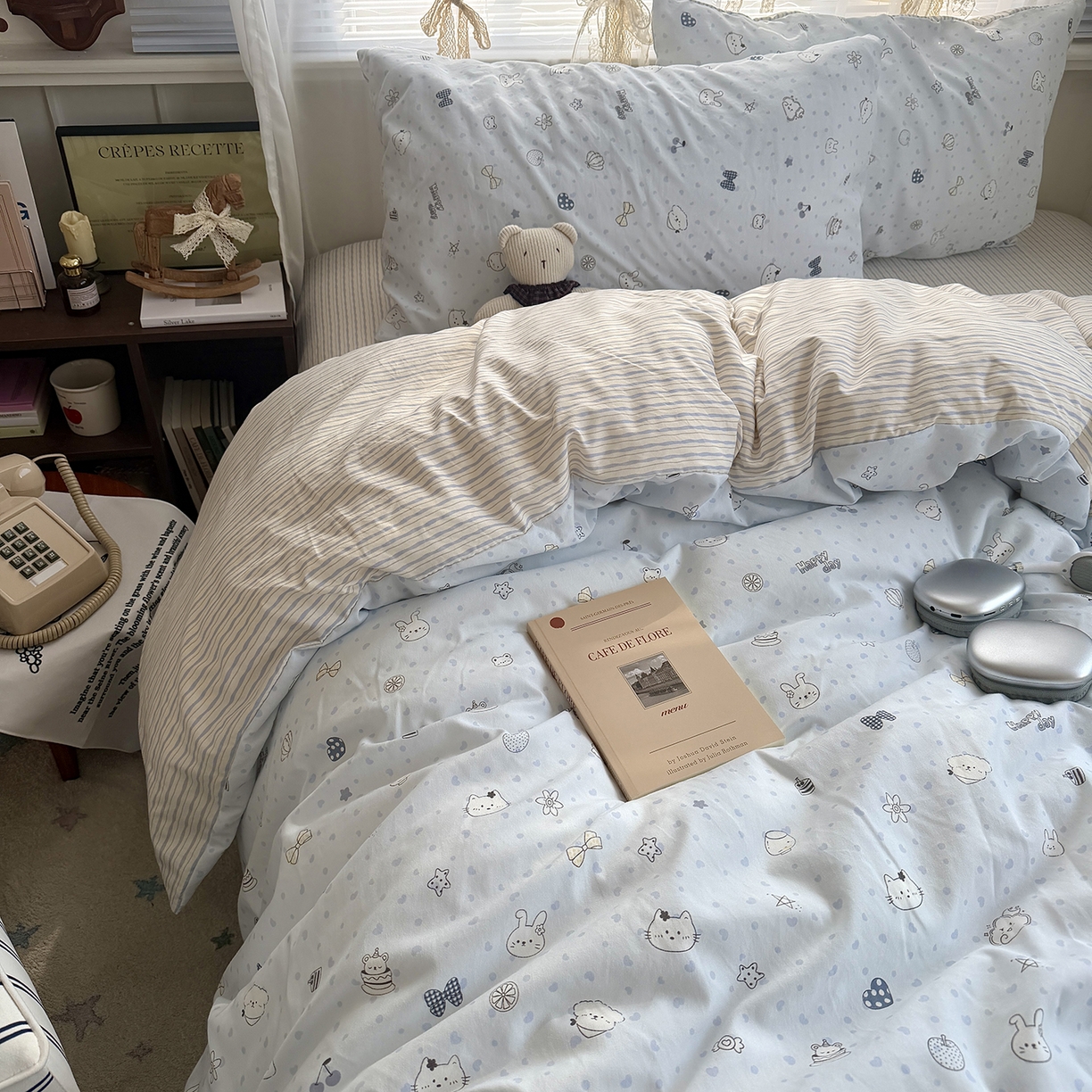 91家纺网 家纺一手货源 找家纺 原素 2026新款小清新水洗双层纱四件套 爱心兔团