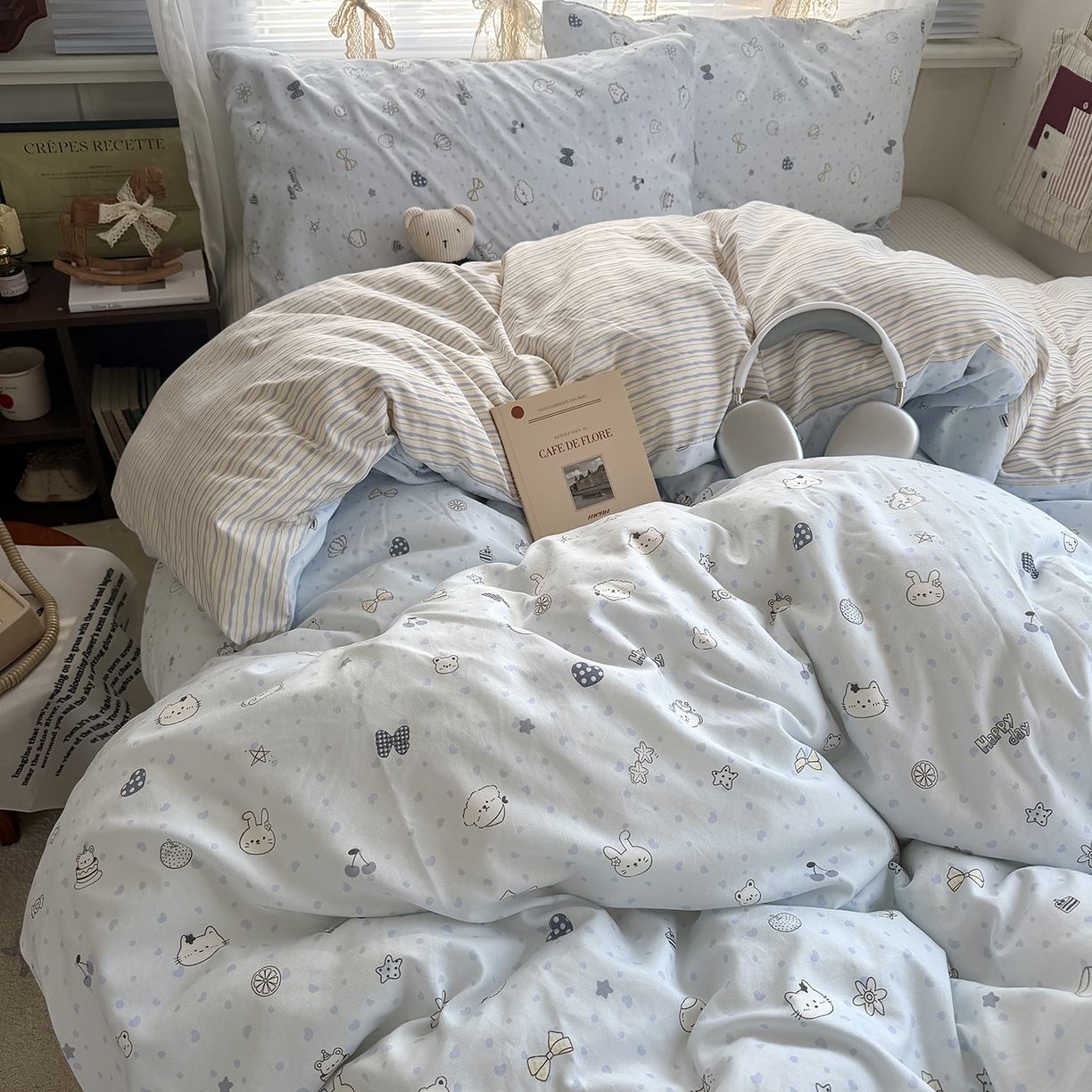 91家纺网 家纺一手货源 找家纺 原素 2026新款小清新水洗双层纱四件套 爱心兔团