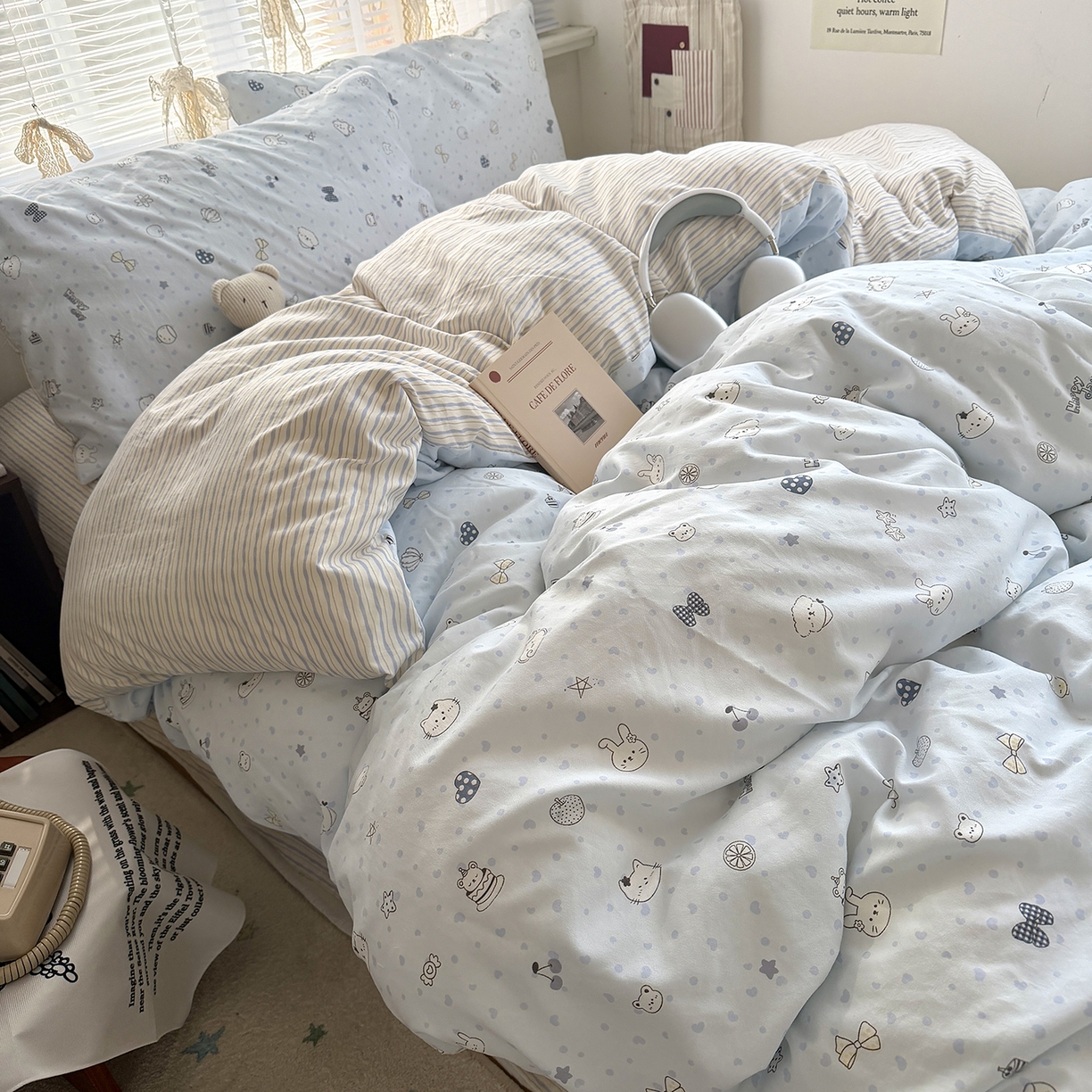 91家纺网 家纺一手货源 找家纺 原素 2026新款小清新水洗双层纱四件套 爱心兔团