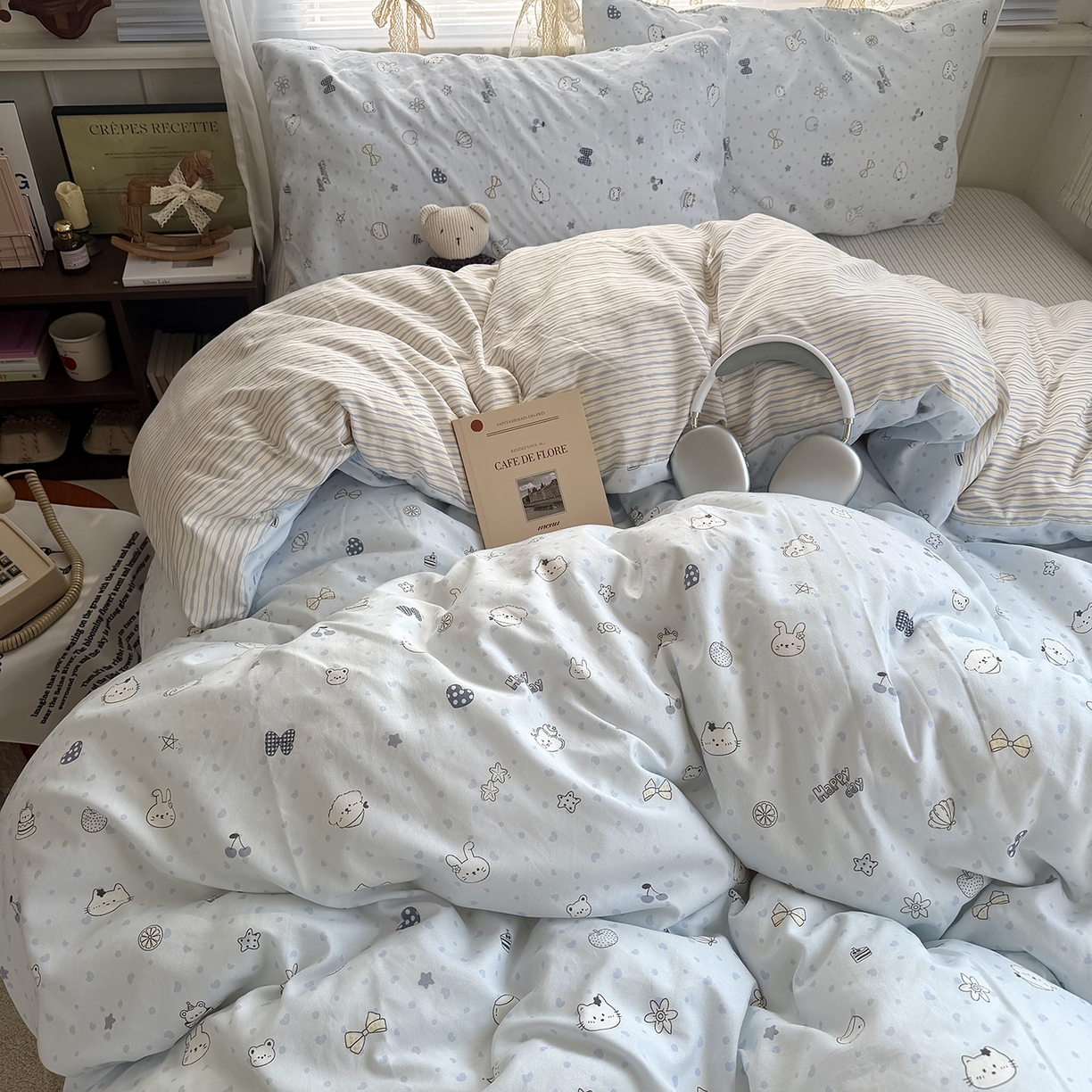 91家纺网 家纺一手货源 找家纺 原素 2026新款小清新水洗双层纱四件套 爱心兔团