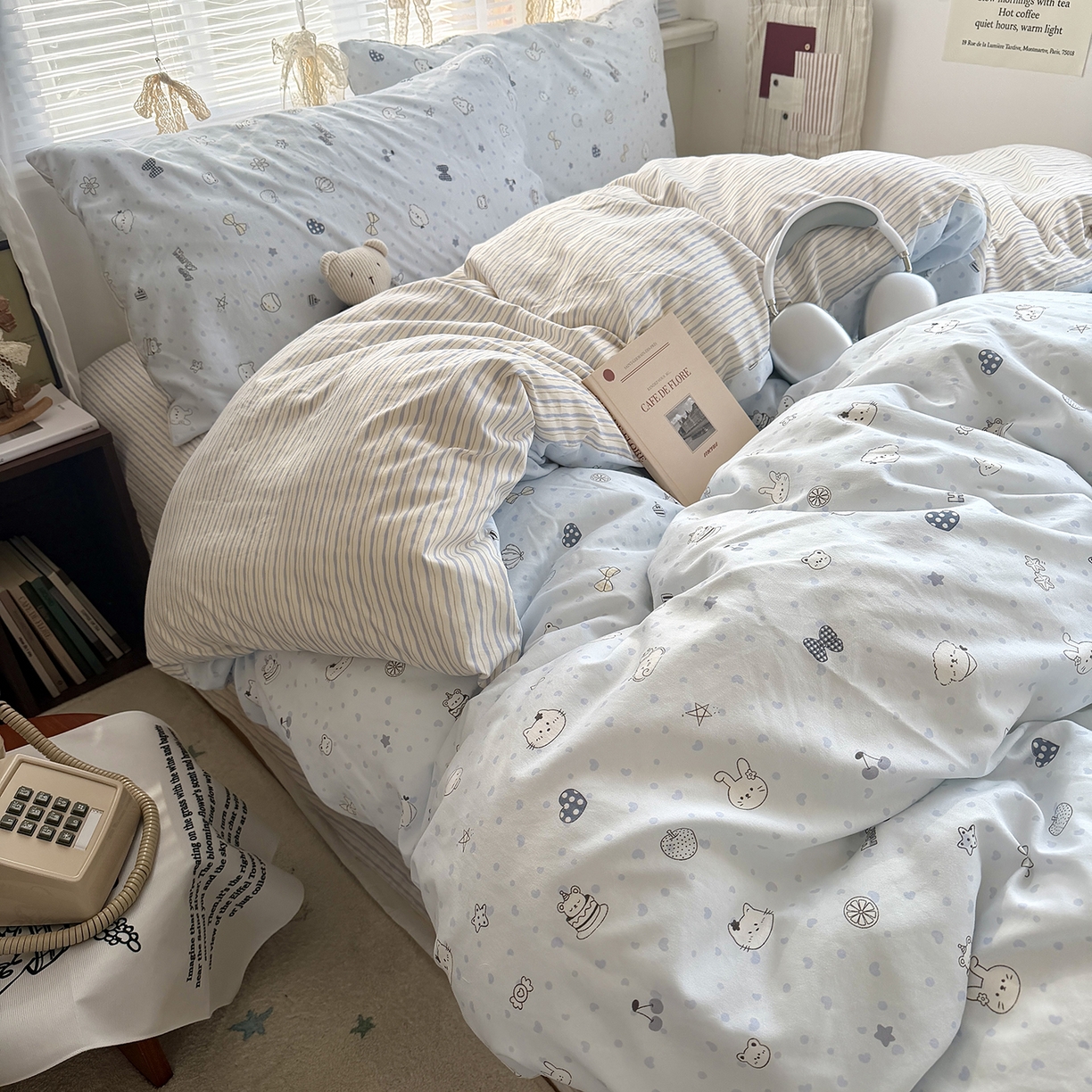 91家纺网 家纺一手货源 找家纺 原素 2026新款小清新水洗双层纱四件套 爱心兔团