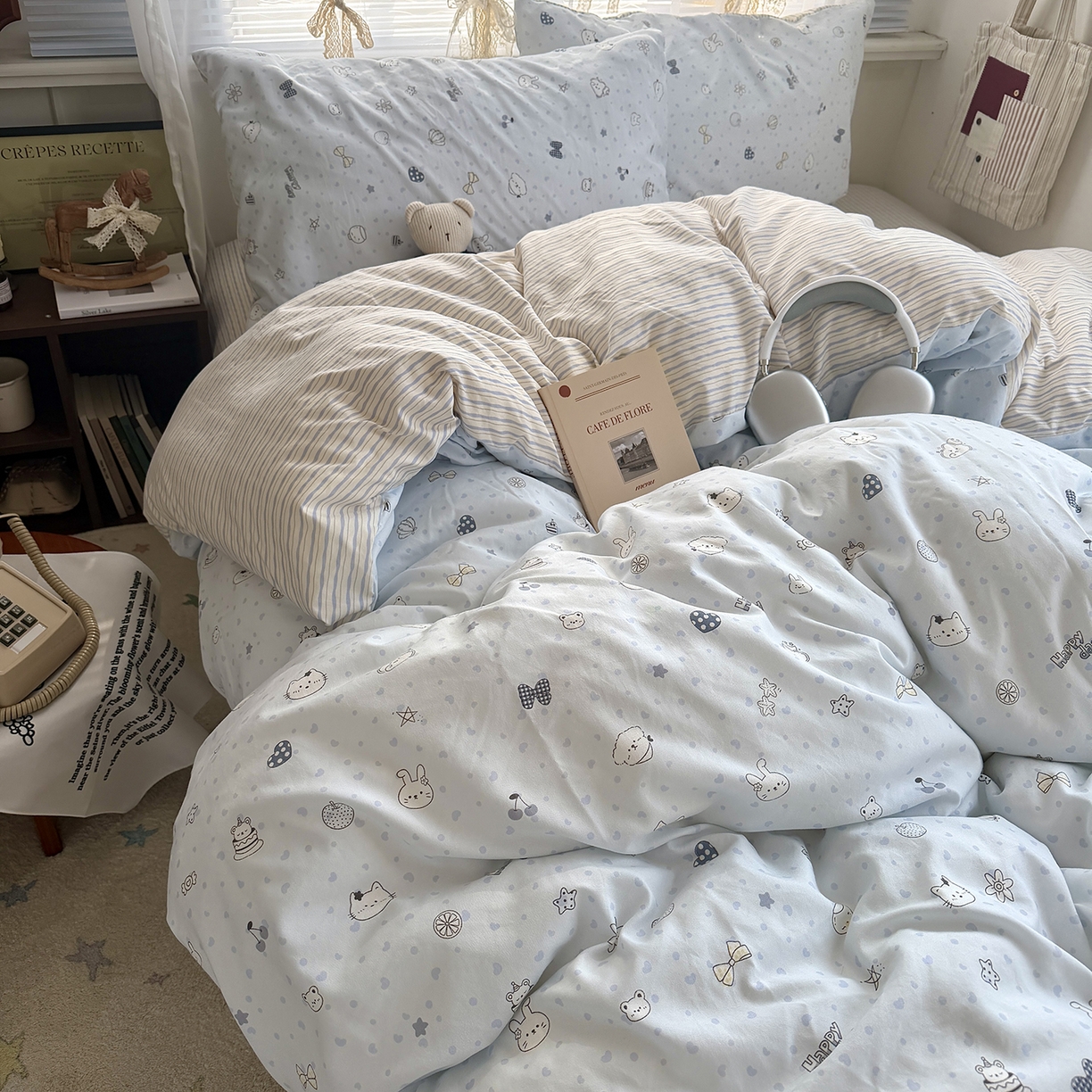 91家纺网 家纺一手货源 找家纺 原素 2026新款小清新水洗双层纱四件套 爱心兔团