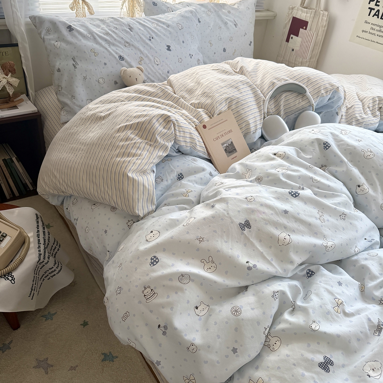 91家纺网 家纺一手货源 找家纺 原素 2026新款小清新水洗双层纱四件套 爱心兔团