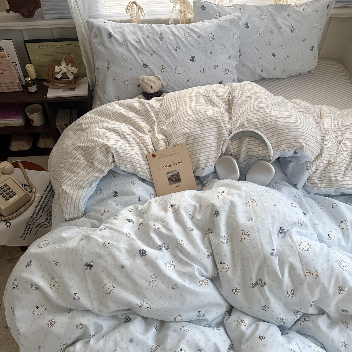 91家纺网 家纺一手货源 找家纺 原素 2026新款小清新水洗双层纱四件套 爱心兔团