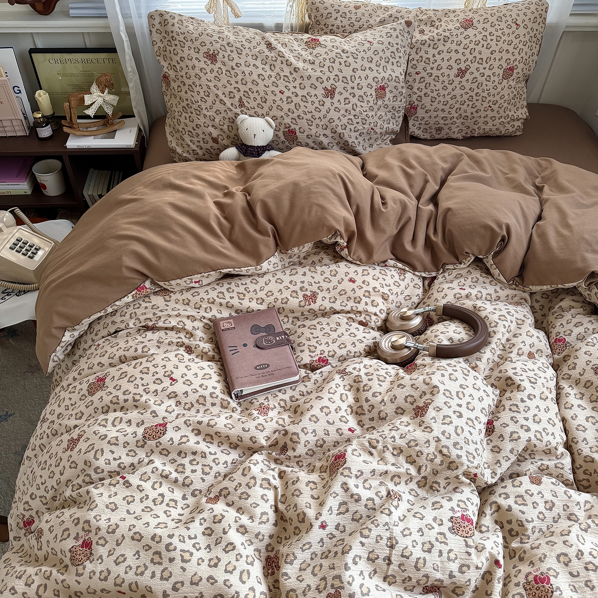 91家纺网 家纺一手货源 找家纺 原素 2026新款小清新水洗双层纱四件套 豹纹猫咪