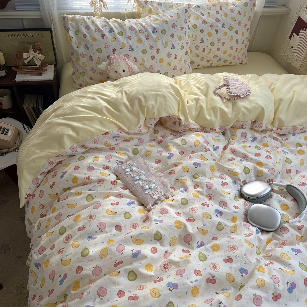 91家纺网 家纺一手货源 找家纺 原素 2026新款小清新水洗双层纱四件套 缤纷水果