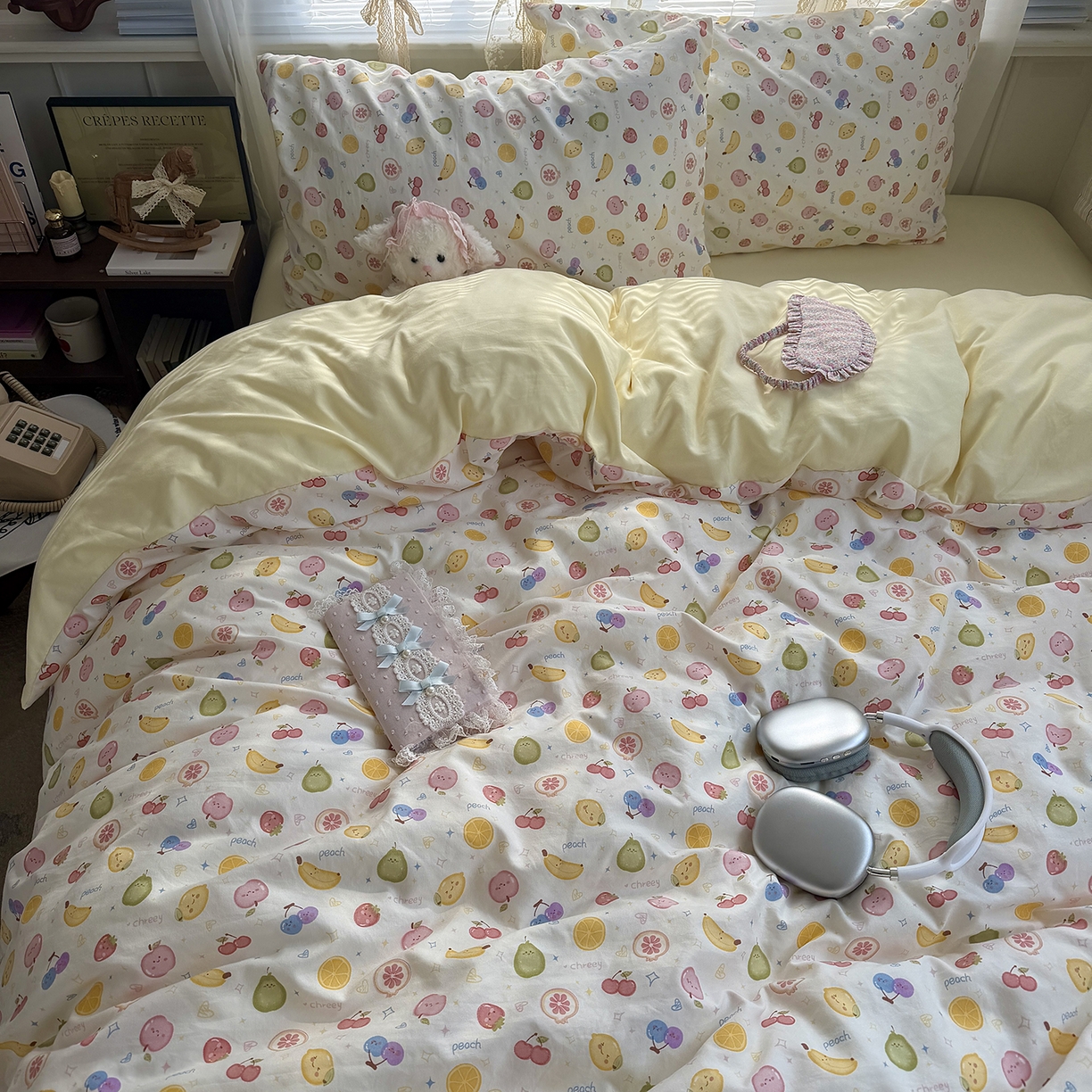 91家纺网 家纺一手货源 找家纺 原素 2026新款小清新水洗双层纱四件套 缤纷水果