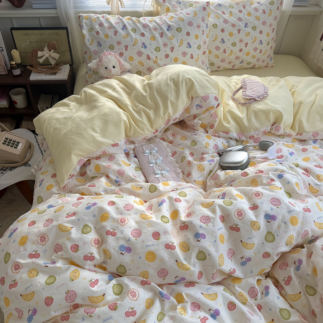 91家纺网 家纺一手货源 找家纺 原素 2026新款小清新水洗双层纱四件套 缤纷水果