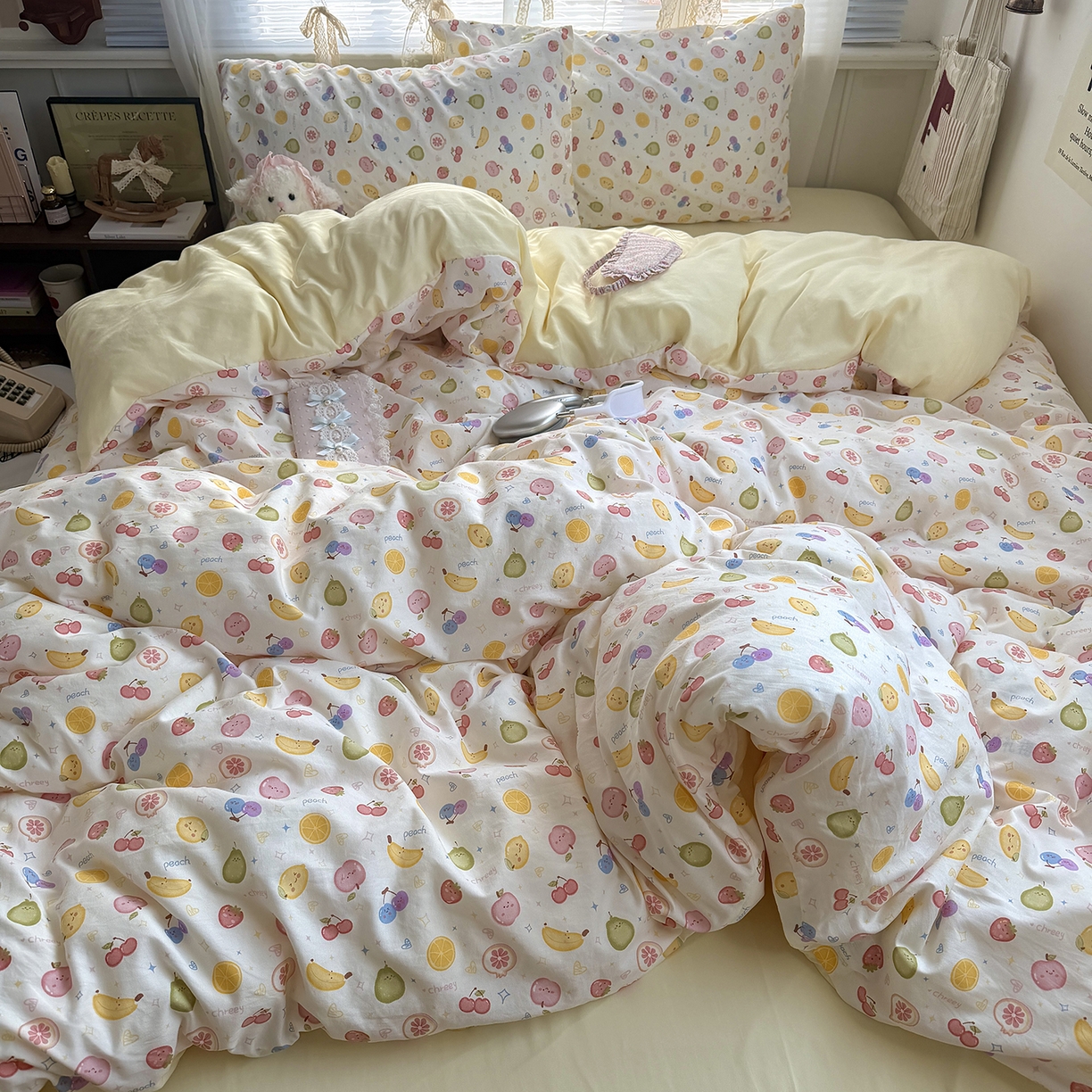 91家纺网 家纺一手货源 找家纺 原素 2026新款小清新水洗双层纱四件套 缤纷水果