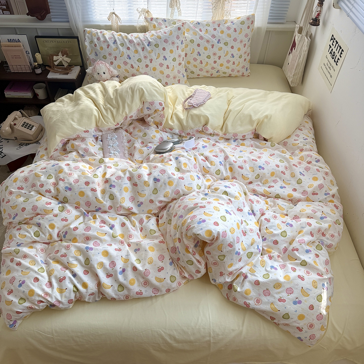 91家纺网 家纺一手货源 找家纺 原素 2026新款小清新水洗双层纱四件套 缤纷水果