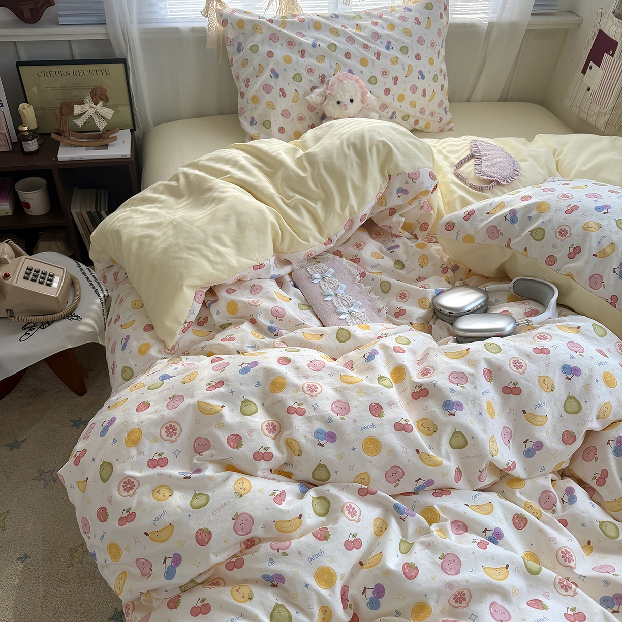 91家纺网 家纺一手货源 找家纺 原素 2026新款小清新水洗双层纱四件套 缤纷水果