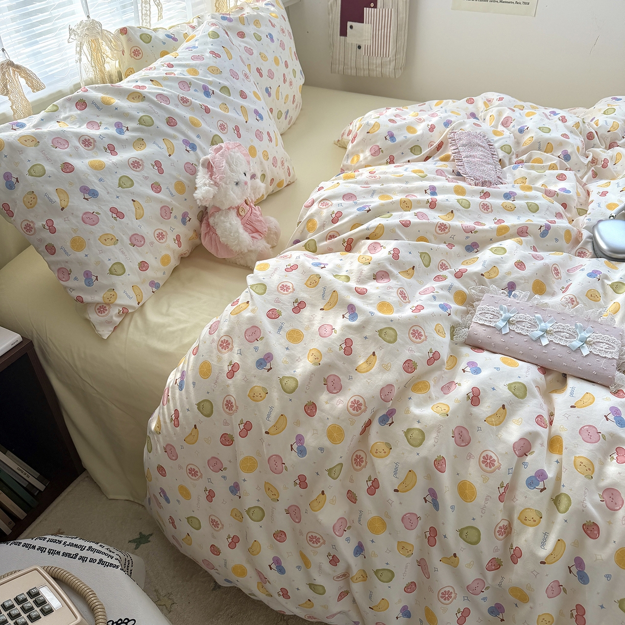 91家纺网 家纺一手货源 找家纺 原素 2026新款小清新水洗双层纱四件套 缤纷水果