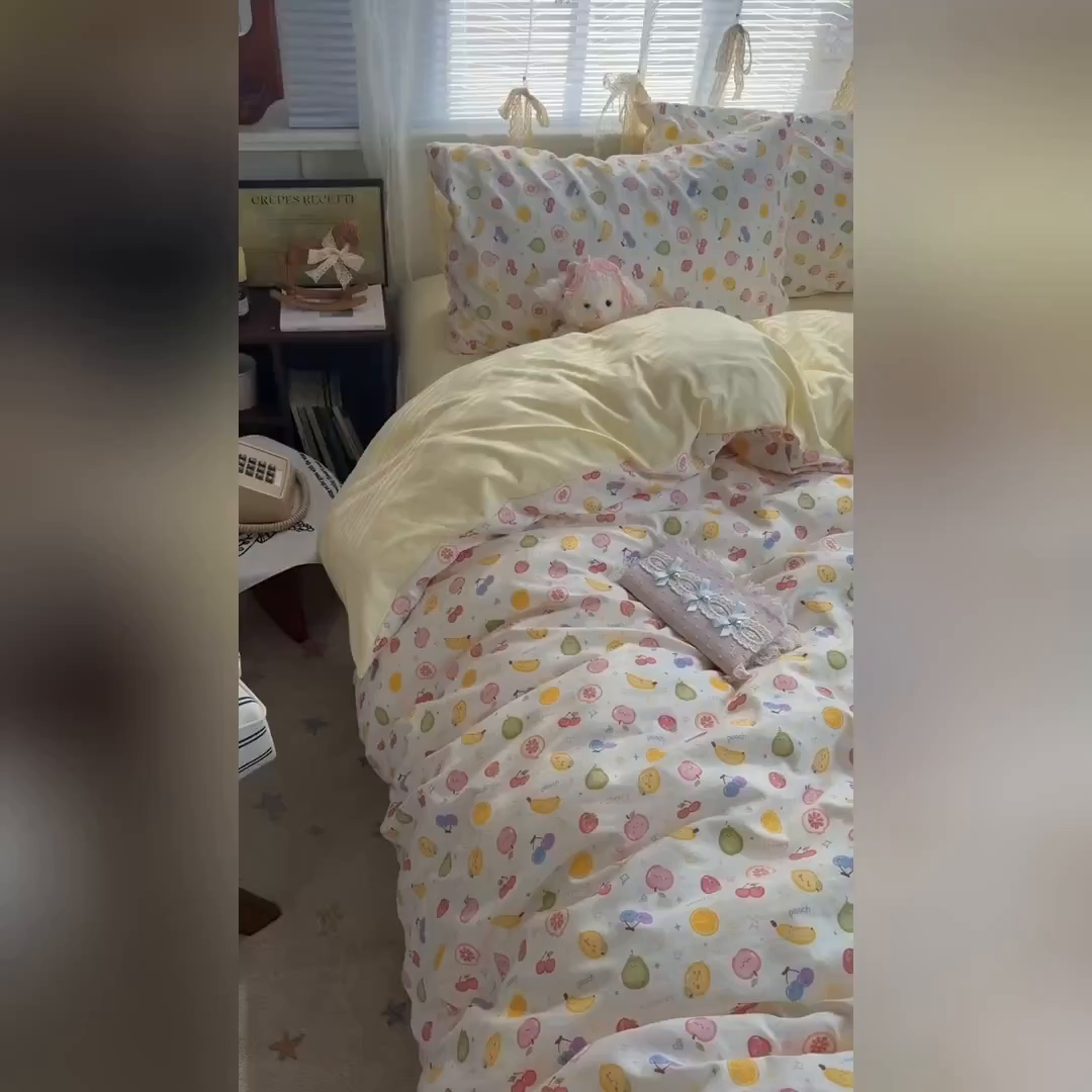 91家纺网 家纺一手货源 找家纺 原素 2026新款小清新水洗双层纱四件套 缤纷水果