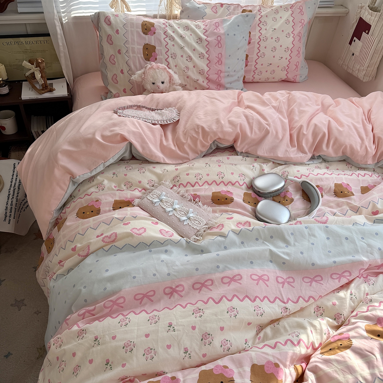 91家纺网 家纺一手货源 找家纺 原素 2026新款小清新水洗双层纱四件套 费尔岛黑皮猫