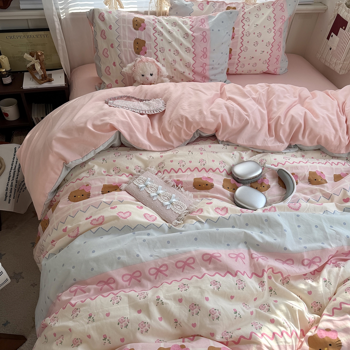 91家纺网 家纺一手货源 找家纺 原素 2026新款小清新水洗双层纱四件套 费尔岛黑皮猫