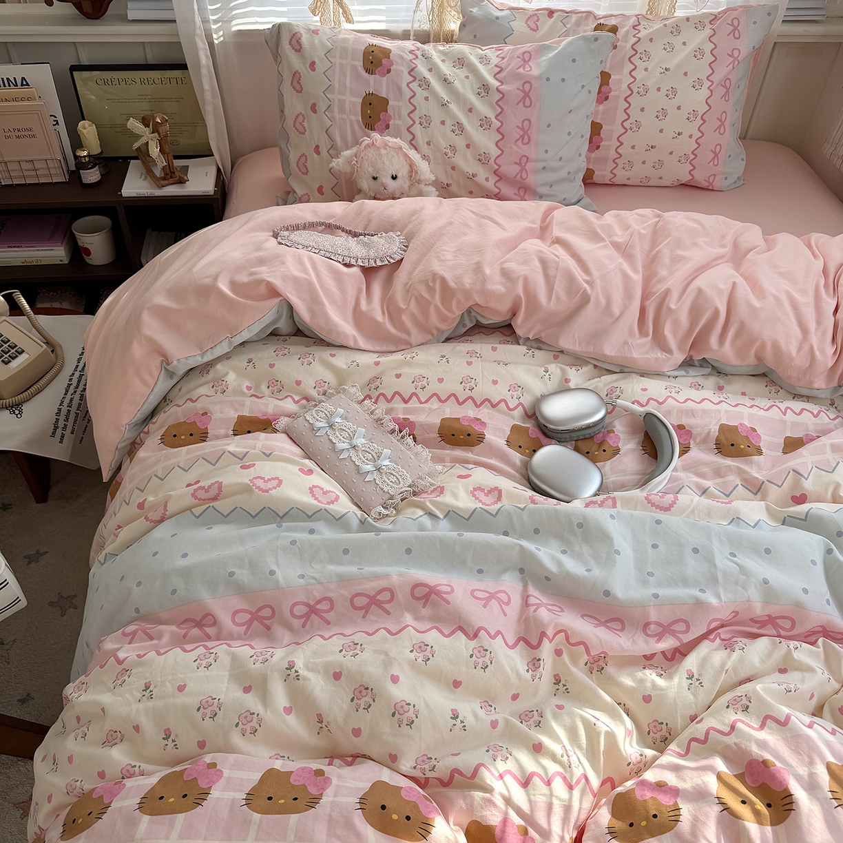 91家纺网 家纺一手货源 找家纺 原素 2026新款小清新水洗双层纱四件套 费尔岛黑皮猫