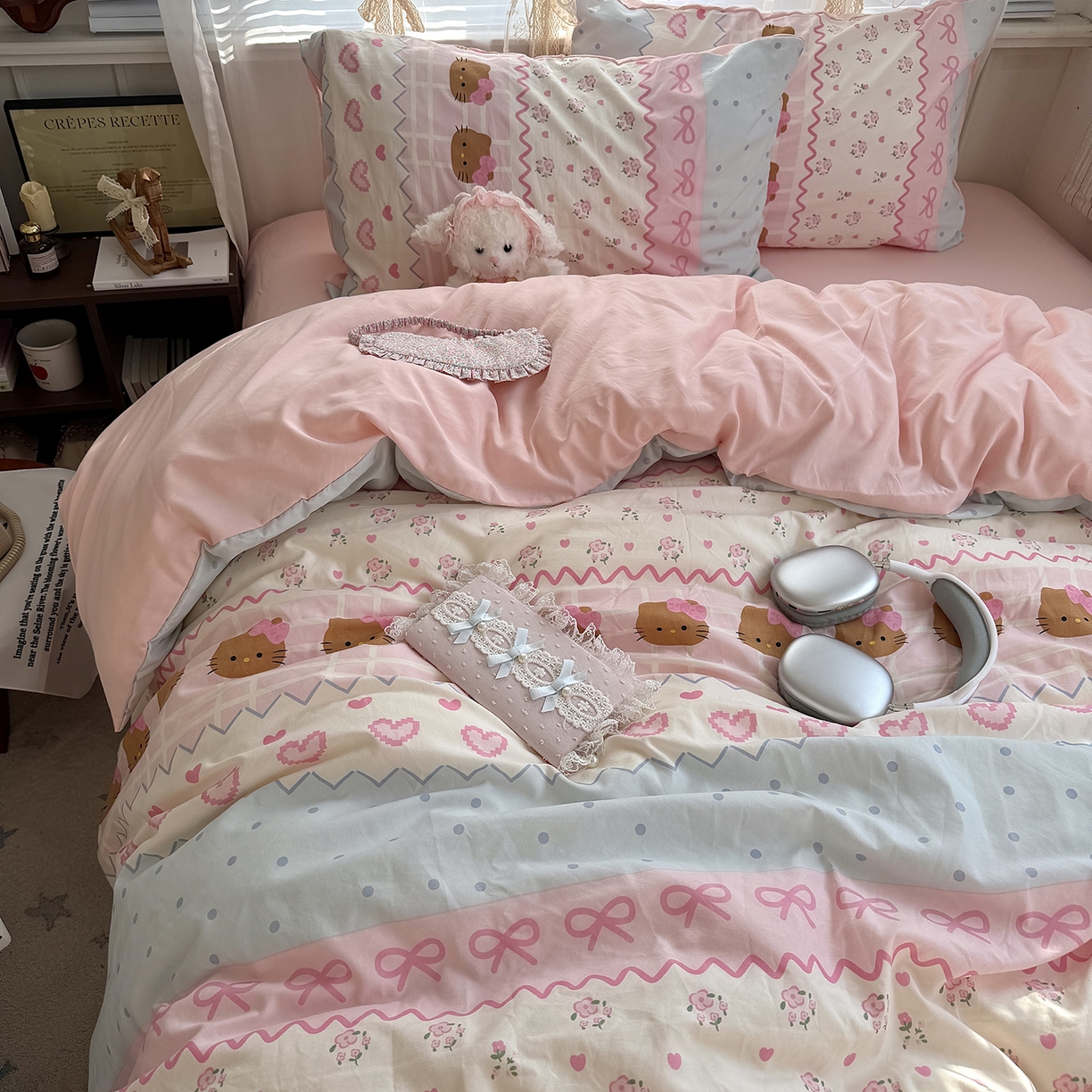 91家纺网 家纺一手货源 找家纺 原素 2026新款小清新水洗双层纱四件套 费尔岛黑皮猫