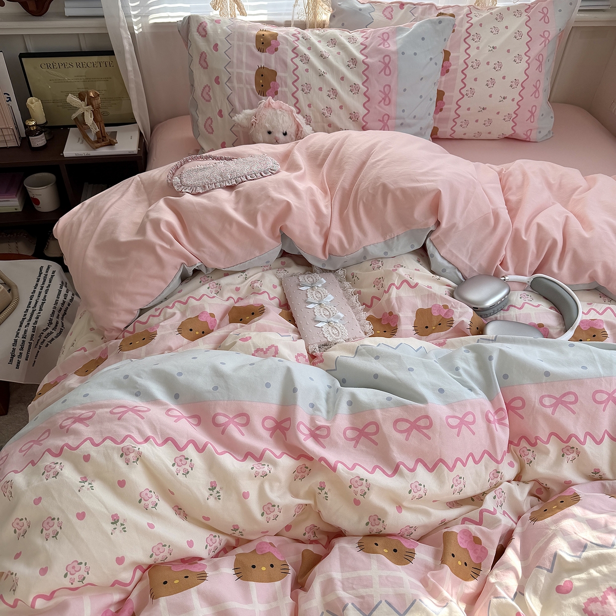 91家纺网 家纺一手货源 找家纺 原素 2026新款小清新水洗双层纱四件套 费尔岛黑皮猫