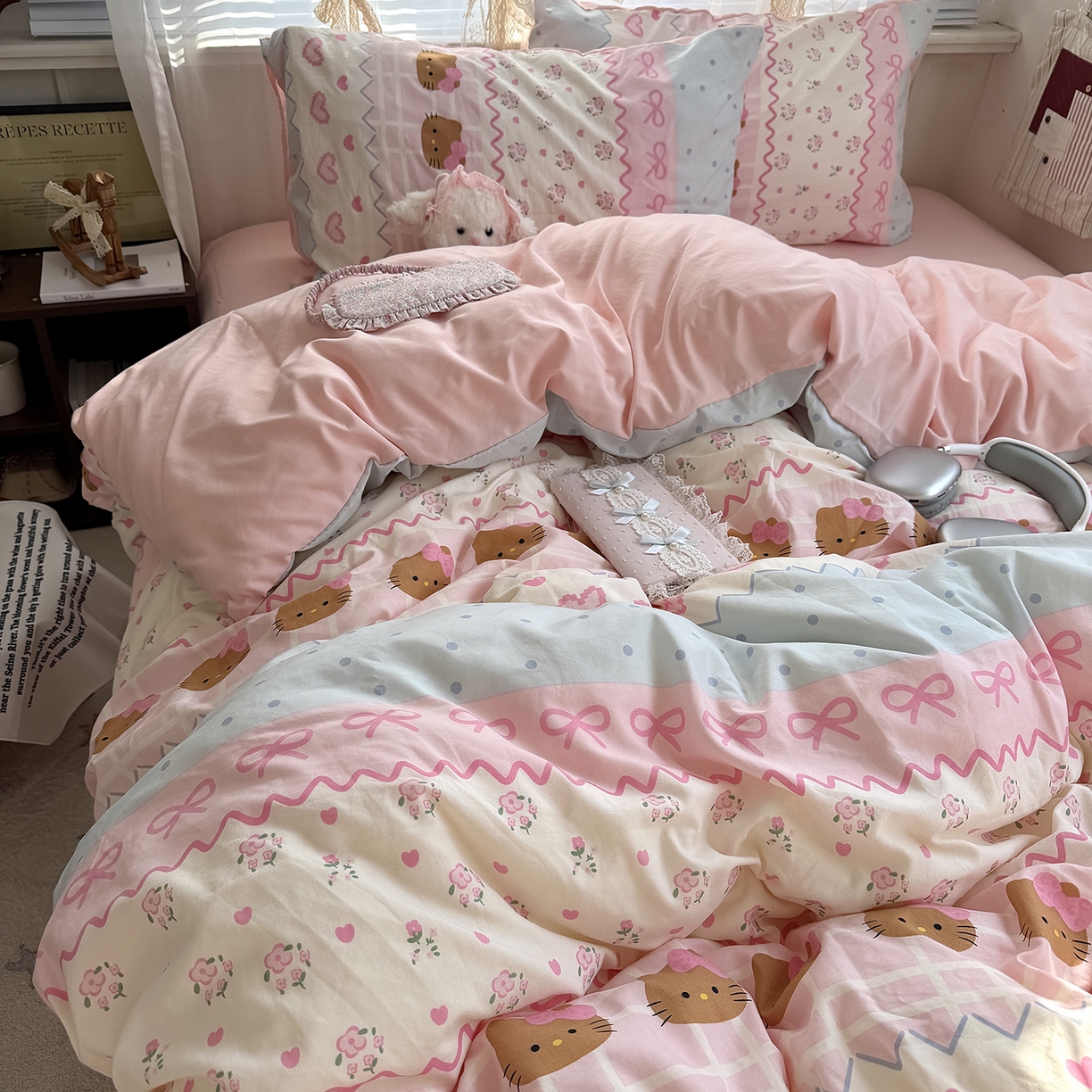 91家纺网 家纺一手货源 找家纺 原素 2026新款小清新水洗双层纱四件套 费尔岛黑皮猫