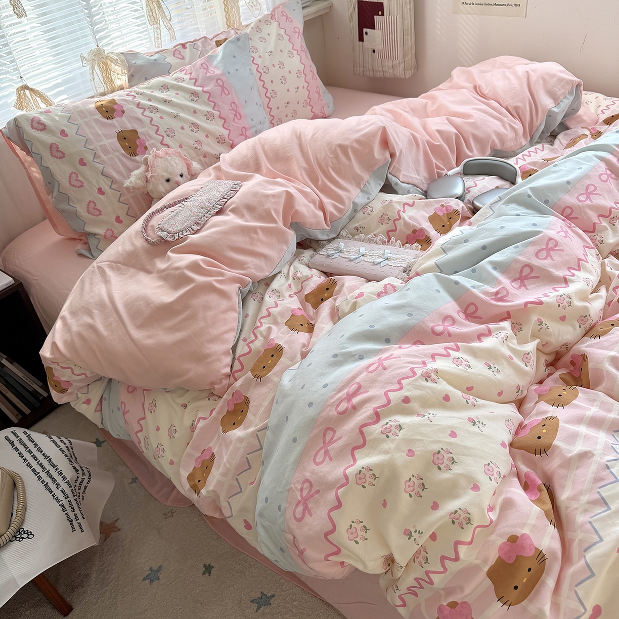 91家纺网 家纺一手货源 找家纺 原素 2026新款小清新水洗双层纱四件套 费尔岛黑皮猫