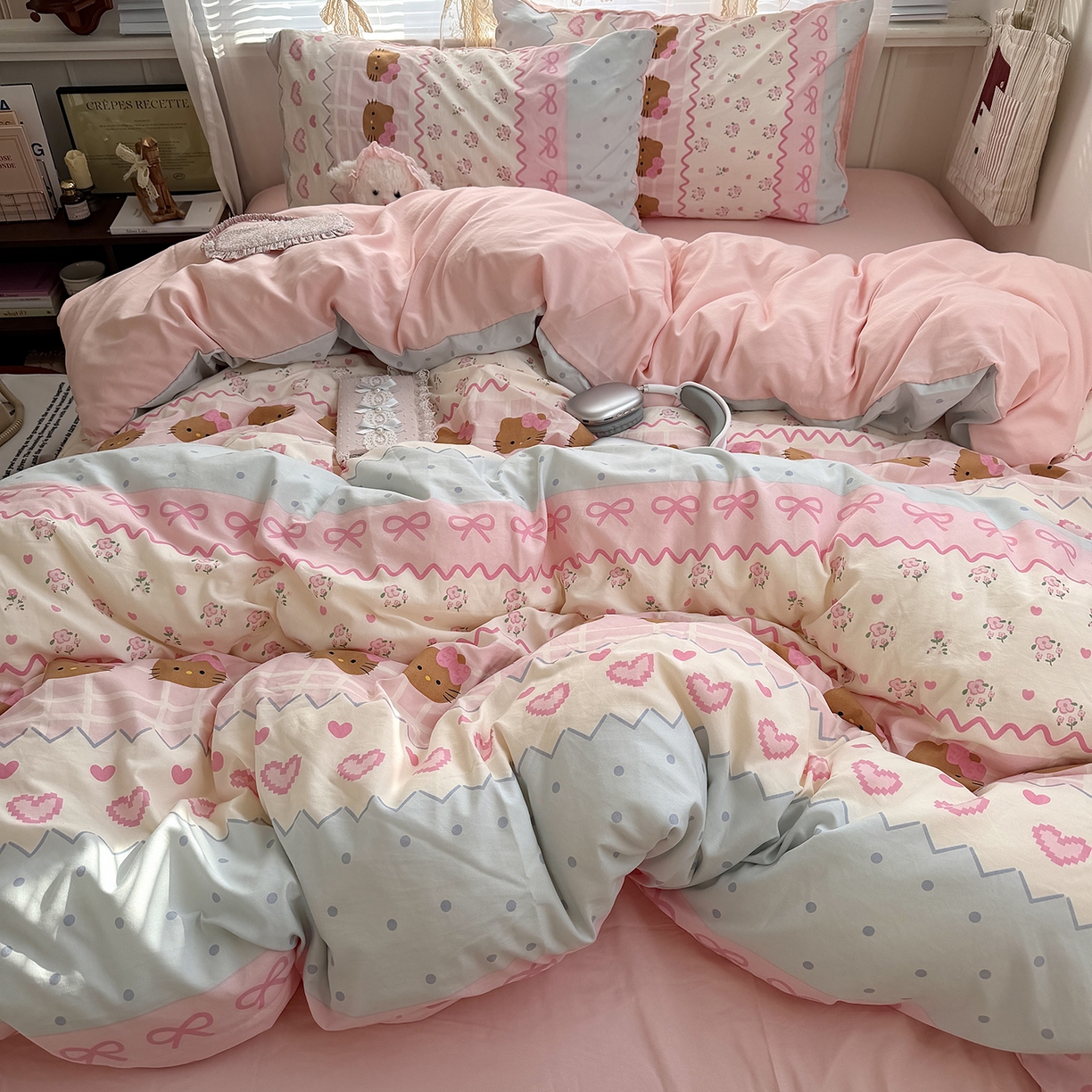 91家纺网 家纺一手货源 找家纺 原素 2026新款小清新水洗双层纱四件套 费尔岛黑皮猫