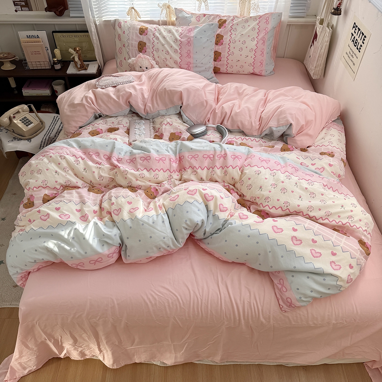 91家纺网 家纺一手货源 找家纺 原素 2026新款小清新水洗双层纱四件套 费尔岛黑皮猫