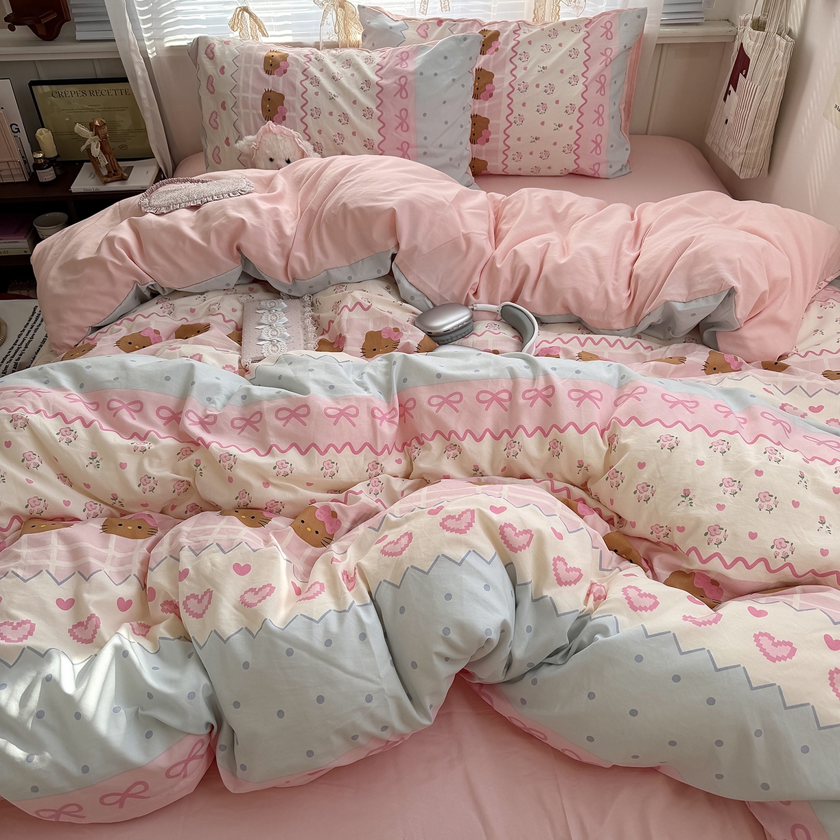 91家纺网 家纺一手货源 找家纺 原素 2026新款小清新水洗双层纱四件套 费尔岛黑皮猫