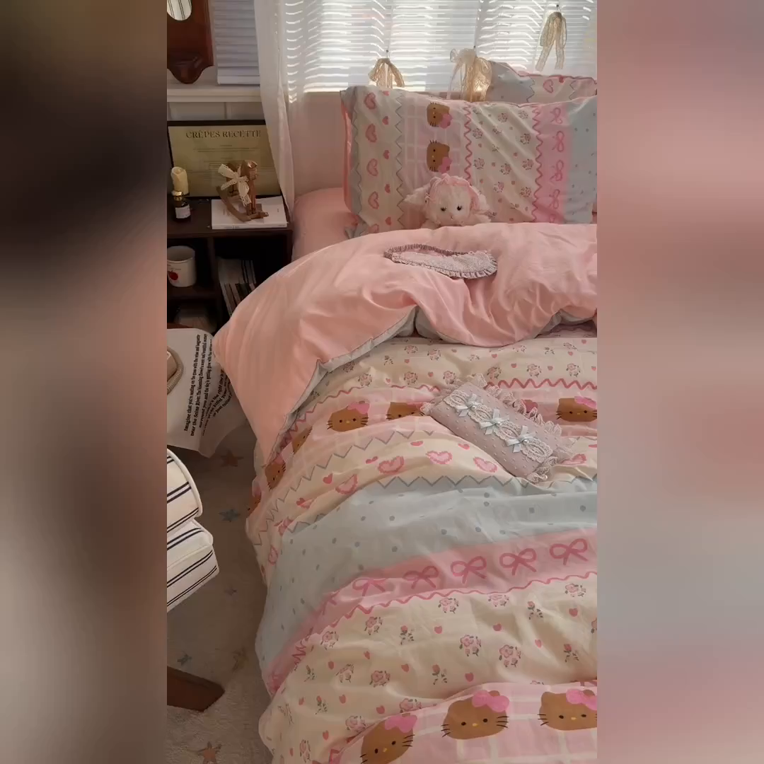 91家纺网 家纺一手货源 找家纺 原素 2026新款小清新水洗双层纱四件套 费尔岛黑皮猫