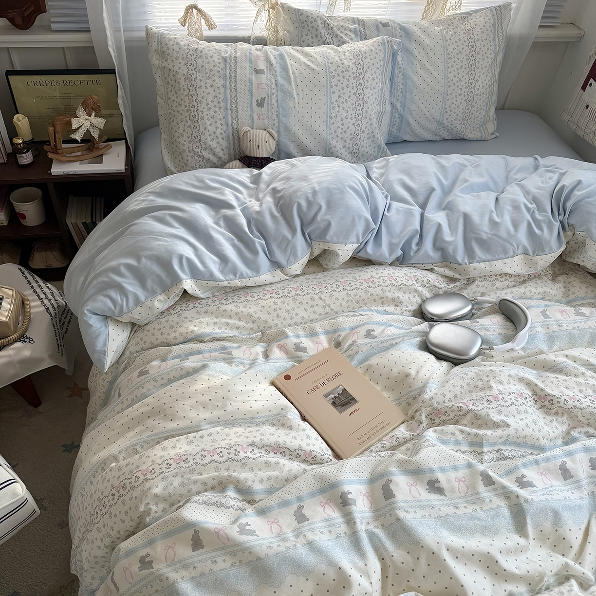 91家纺网 家纺一手货源 找家纺 原素 2026新款小清新水洗双层纱四件套 费尔岛兔兔