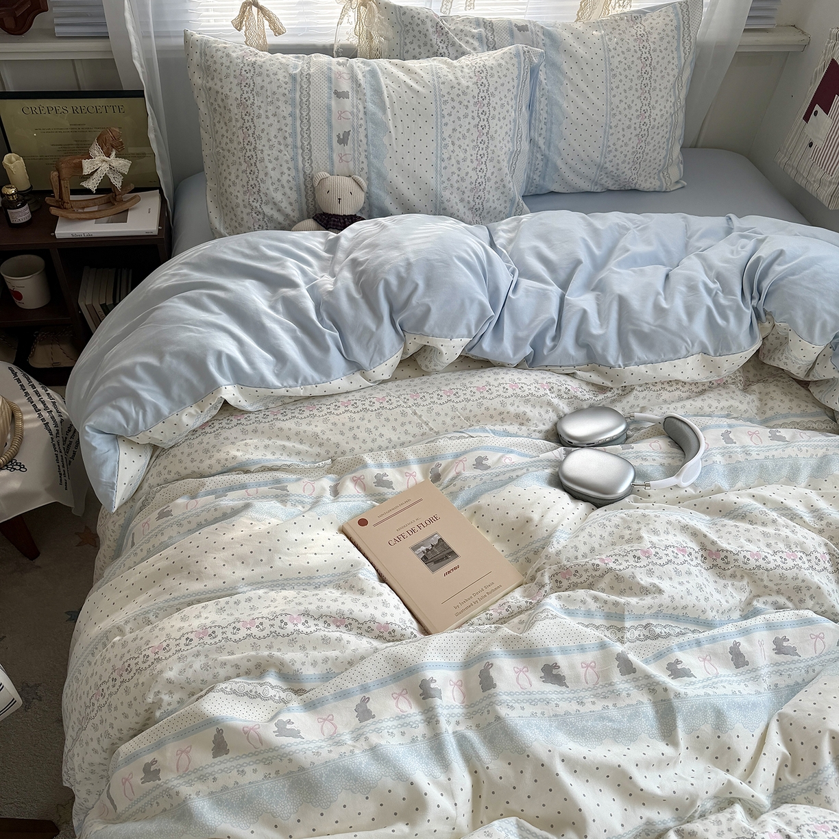 91家纺网 家纺一手货源 找家纺 原素 2026新款小清新水洗双层纱四件套 费尔岛兔兔