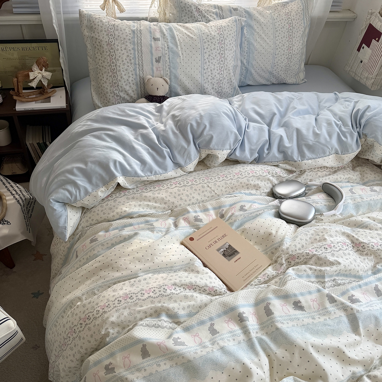 91家纺网 家纺一手货源 找家纺 原素 2026新款小清新水洗双层纱四件套 费尔岛兔兔