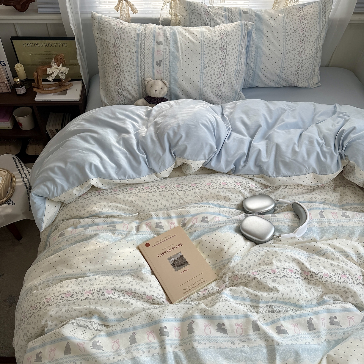 91家纺网 家纺一手货源 找家纺 原素 2026新款小清新水洗双层纱四件套 费尔岛兔兔