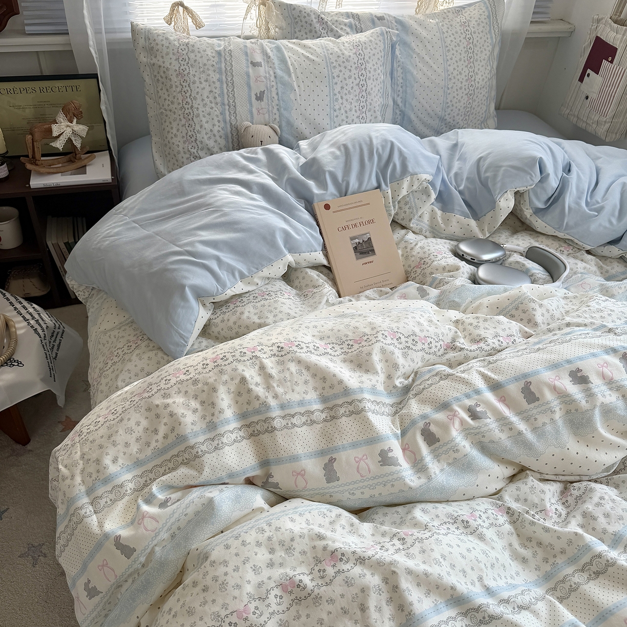 91家纺网 家纺一手货源 找家纺 原素 2026新款小清新水洗双层纱四件套 费尔岛兔兔