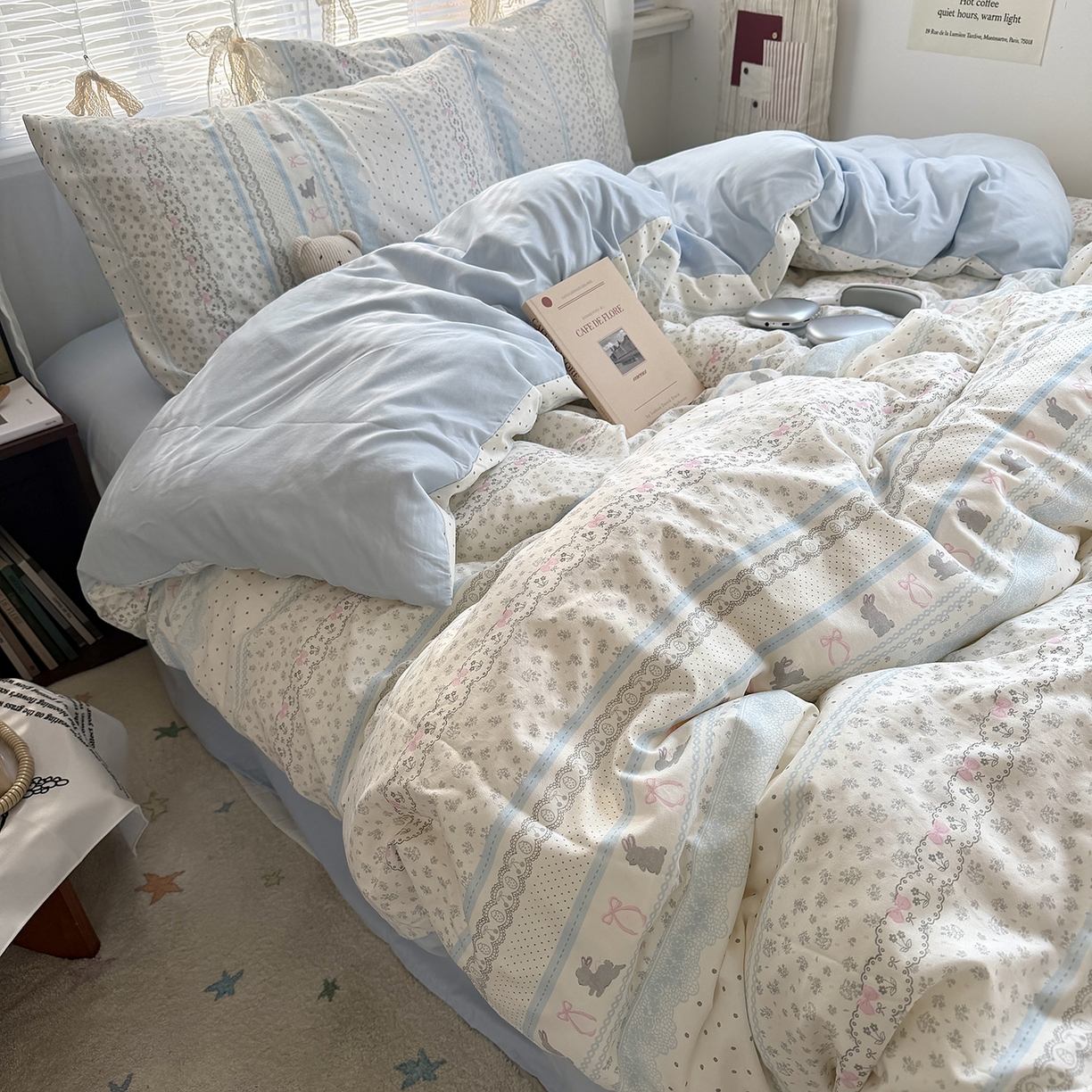 91家纺网 家纺一手货源 找家纺 原素 2026新款小清新水洗双层纱四件套 费尔岛兔兔