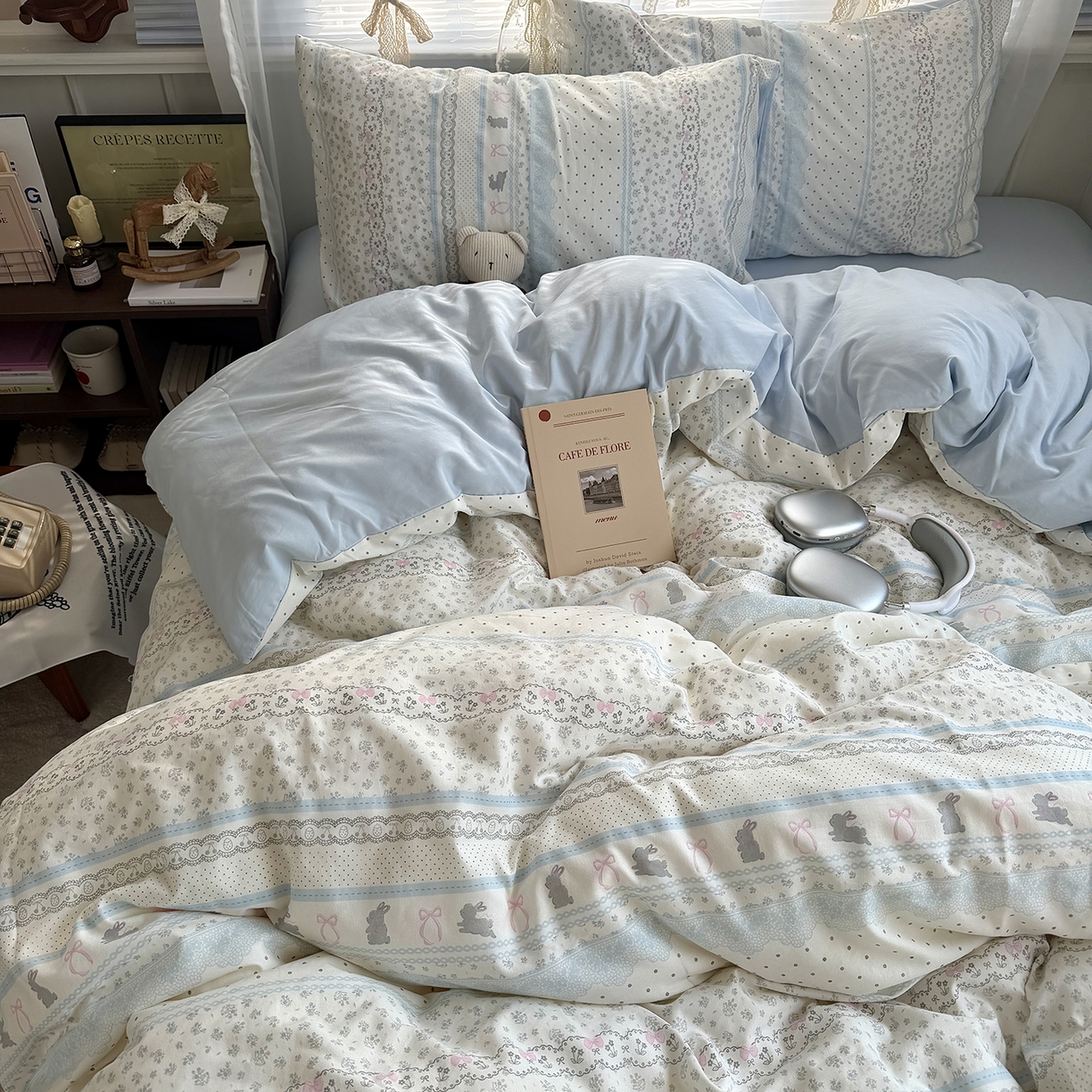 91家纺网 家纺一手货源 找家纺 原素 2026新款小清新水洗双层纱四件套 费尔岛兔兔