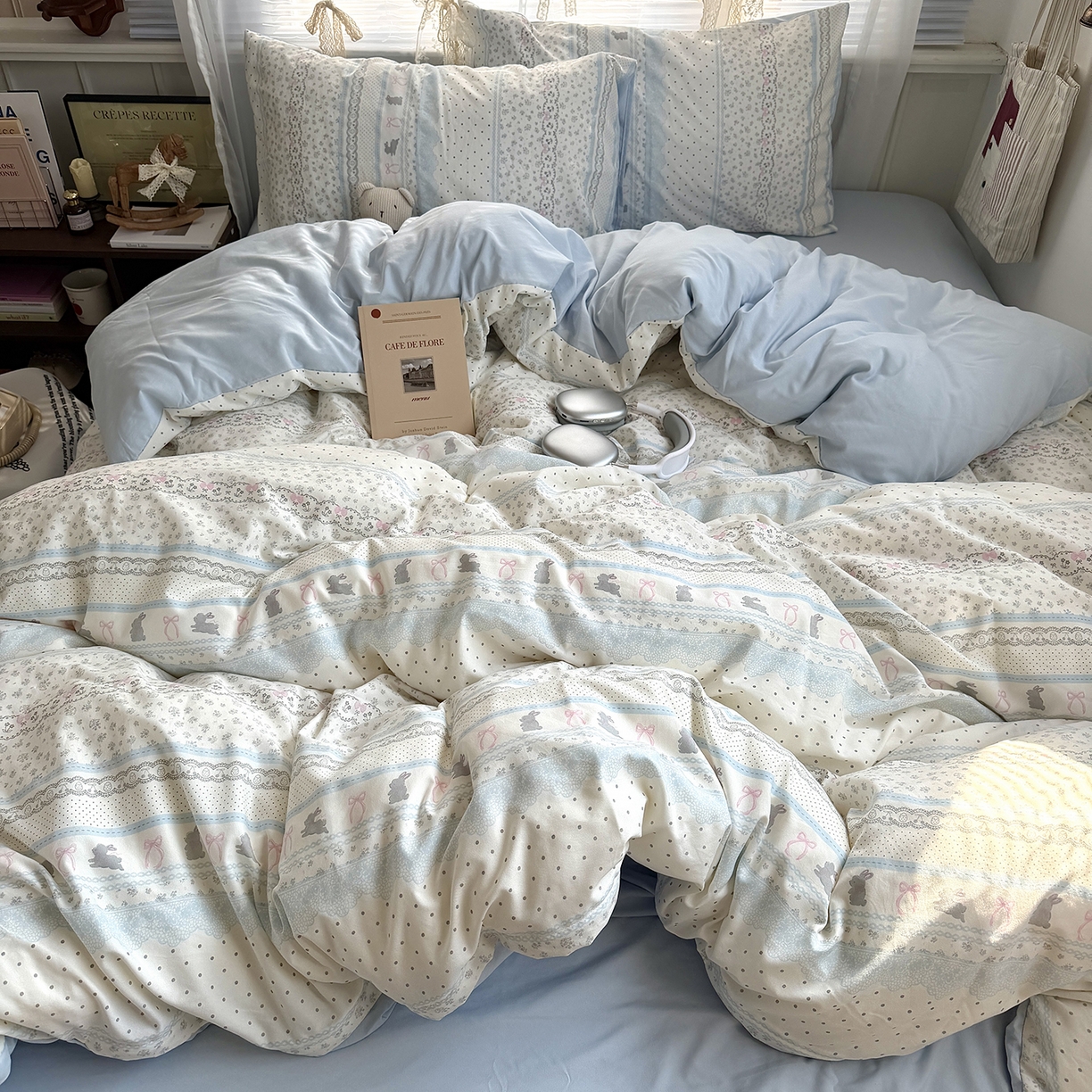 91家纺网 家纺一手货源 找家纺 原素 2026新款小清新水洗双层纱四件套 费尔岛兔兔