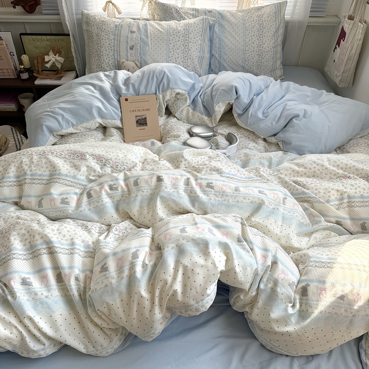 91家纺网 家纺一手货源 找家纺 原素 2026新款小清新水洗双层纱四件套 费尔岛兔兔