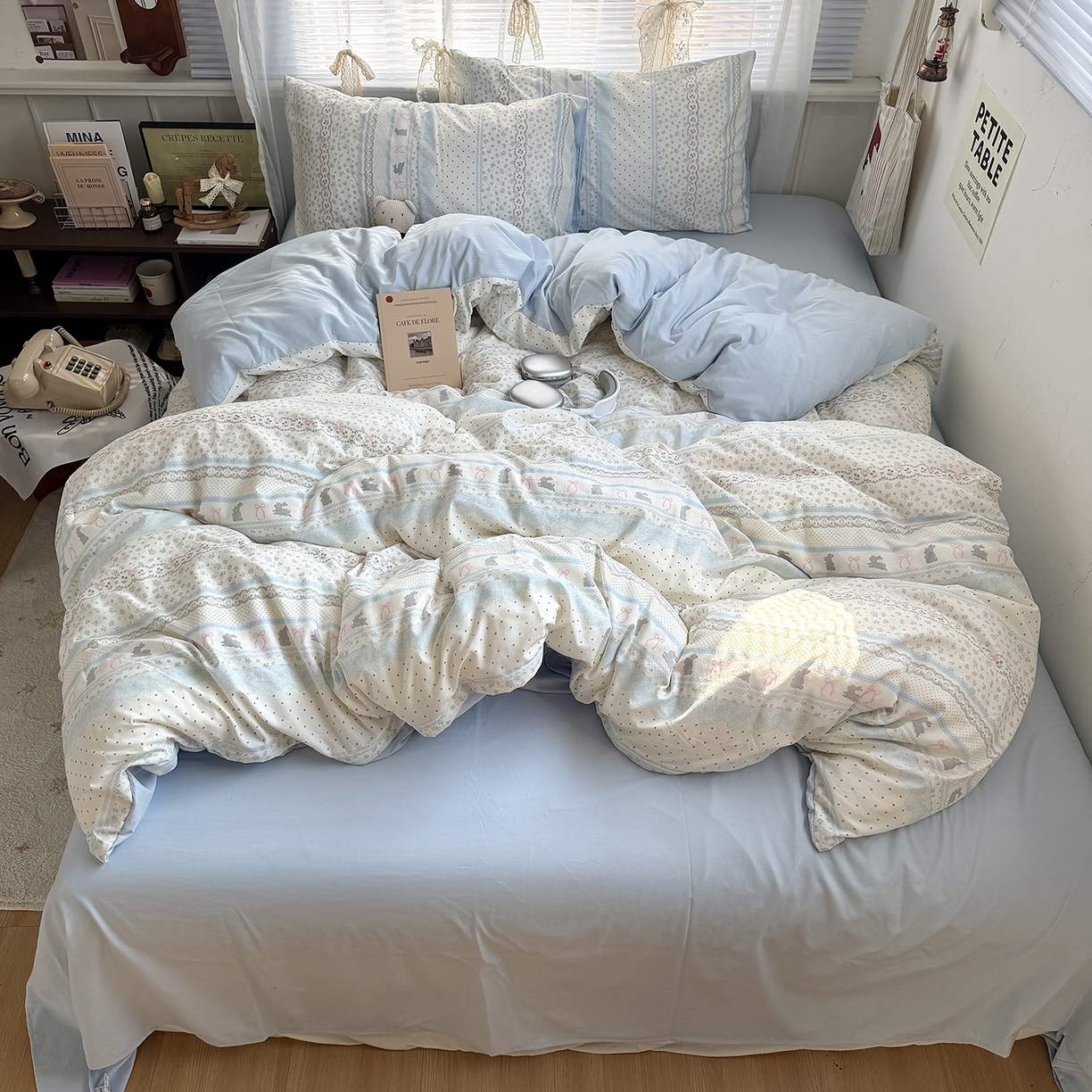 91家纺网 家纺一手货源 找家纺 原素 2026新款小清新水洗双层纱四件套 费尔岛兔兔