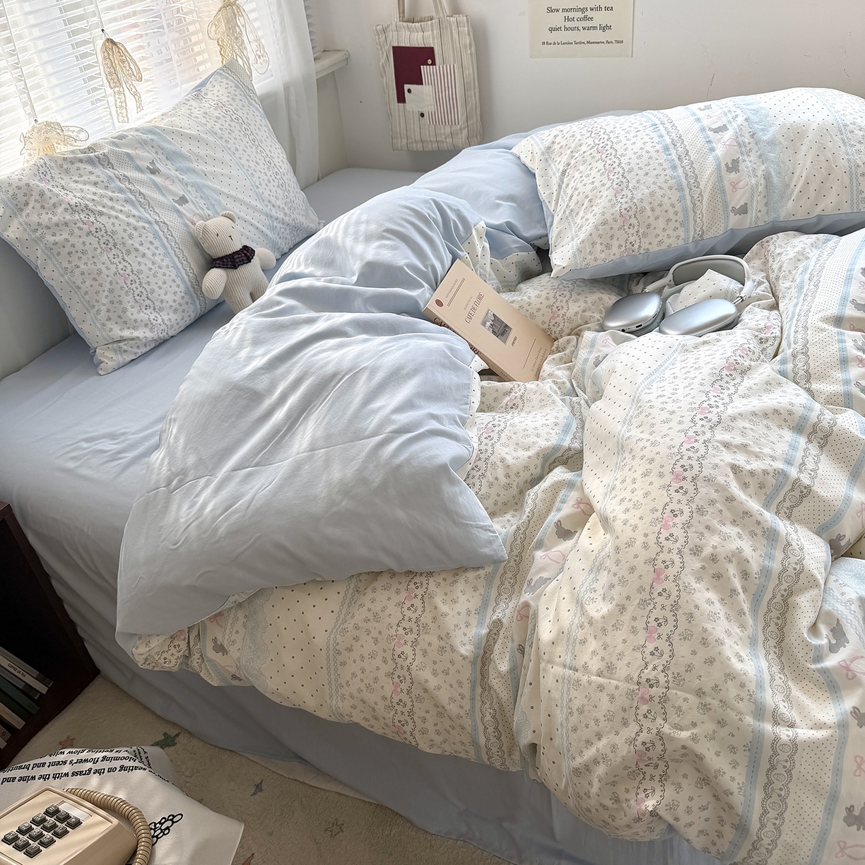 91家纺网 家纺一手货源 找家纺 原素 2026新款小清新水洗双层纱四件套 费尔岛兔兔