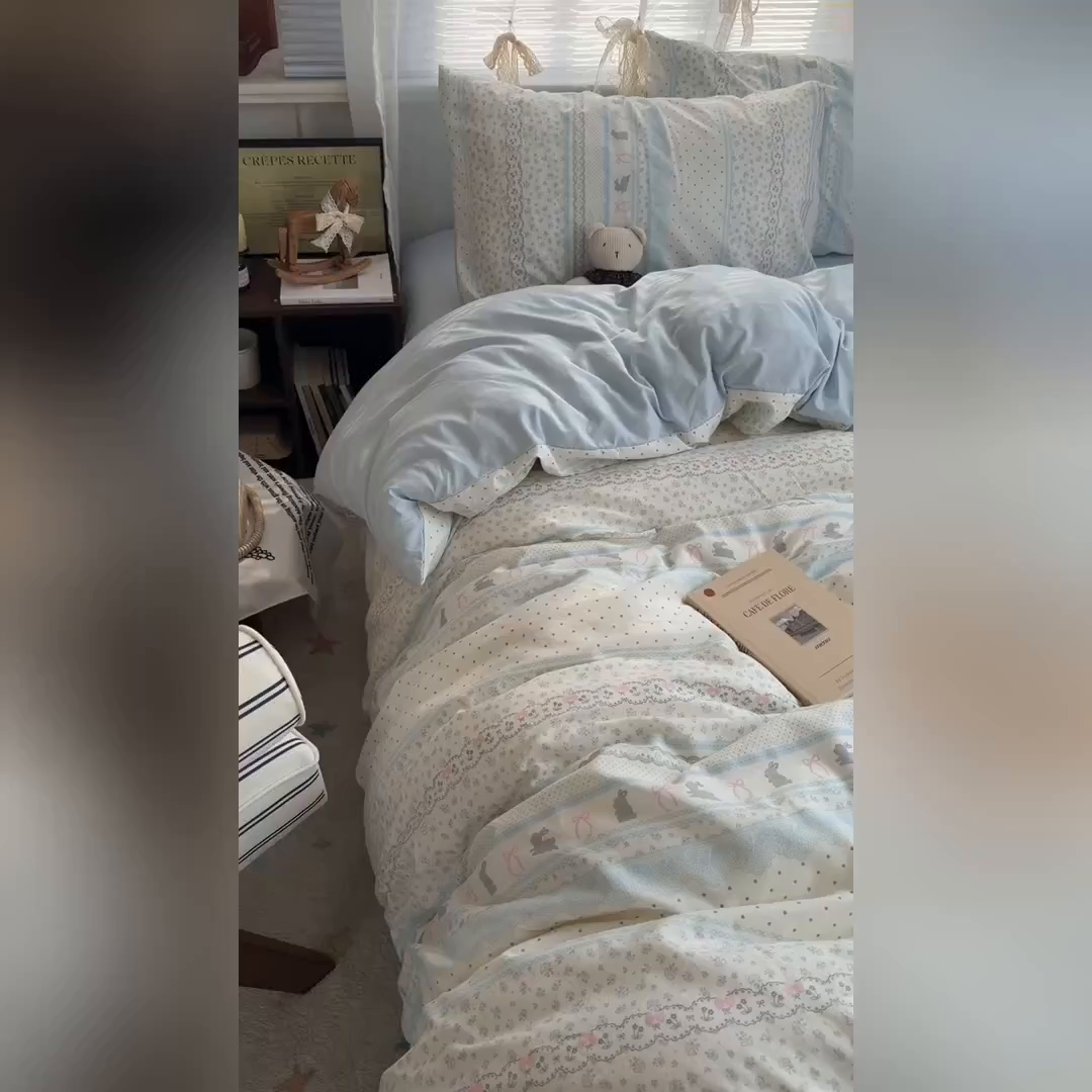 91家纺网 家纺一手货源 找家纺 原素 2026新款小清新水洗双层纱四件套 费尔岛兔兔