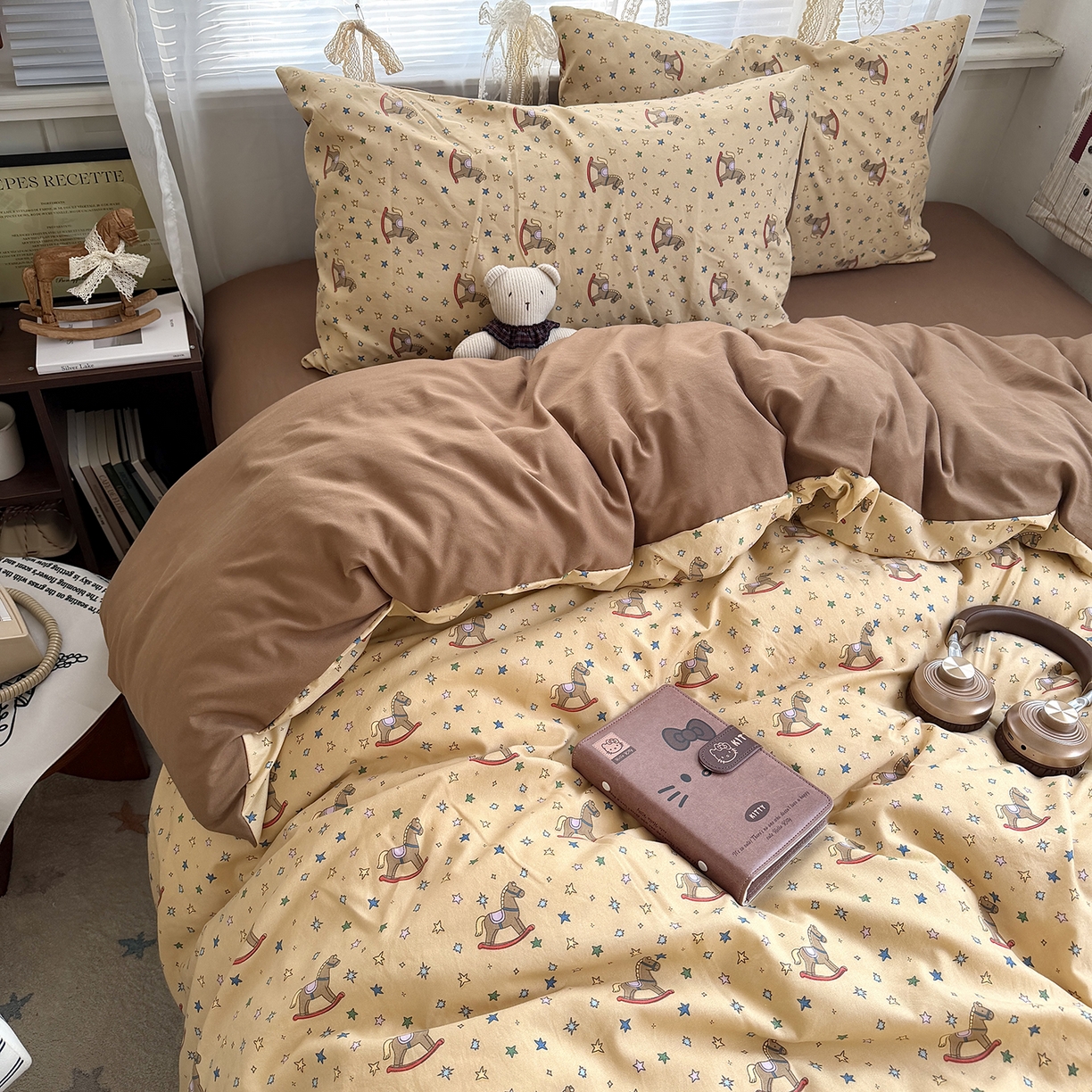 91家纺网 家纺一手货源 找家纺 原素 2026新款小清新水洗双层纱四件套 复古木马